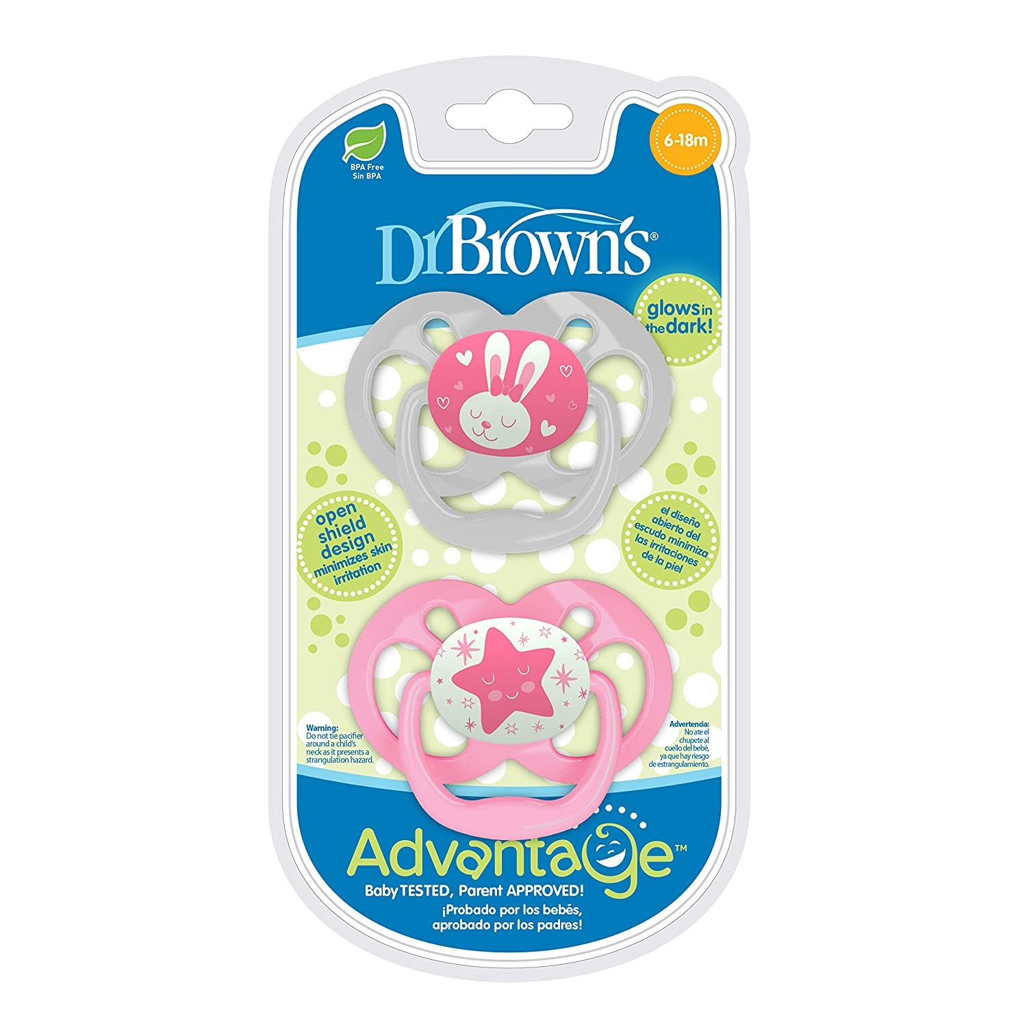 Dr. Browns Advantage Baby Pacifiers, Glow-in-The-Dark, 0-18 Month Pacifiers, 2 Count