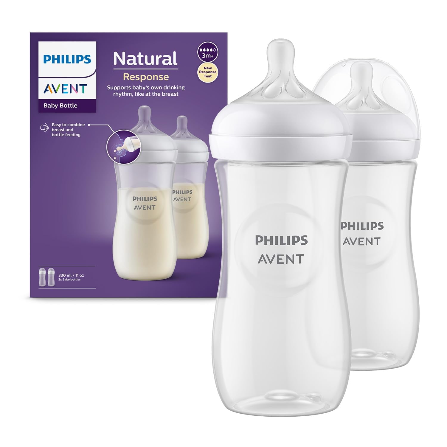 Philips Avent Natural Baby Bottle with Natural Response Nipple, Clear, 11oz, 2pk