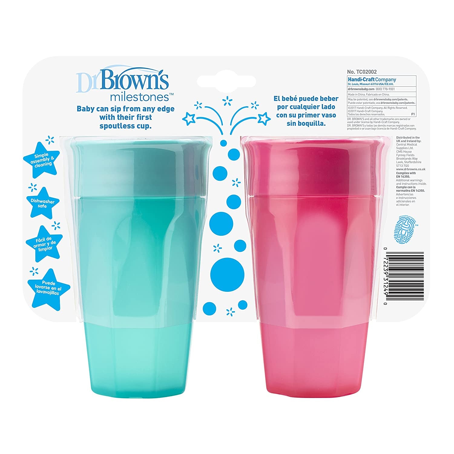 Dr. Browns Cheers 360 Spoutless Training Cup, 9m+, 10 Ounce, Pink/Turquoise, 2 Count