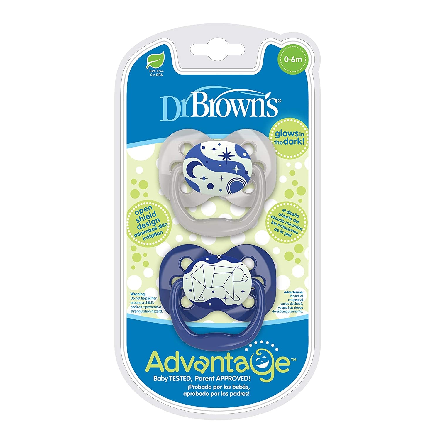 Dr. Browns Advantage Baby Pacifiers, Glow-in-The-Dark, 0-6 Month Pacifiers, 2 Count