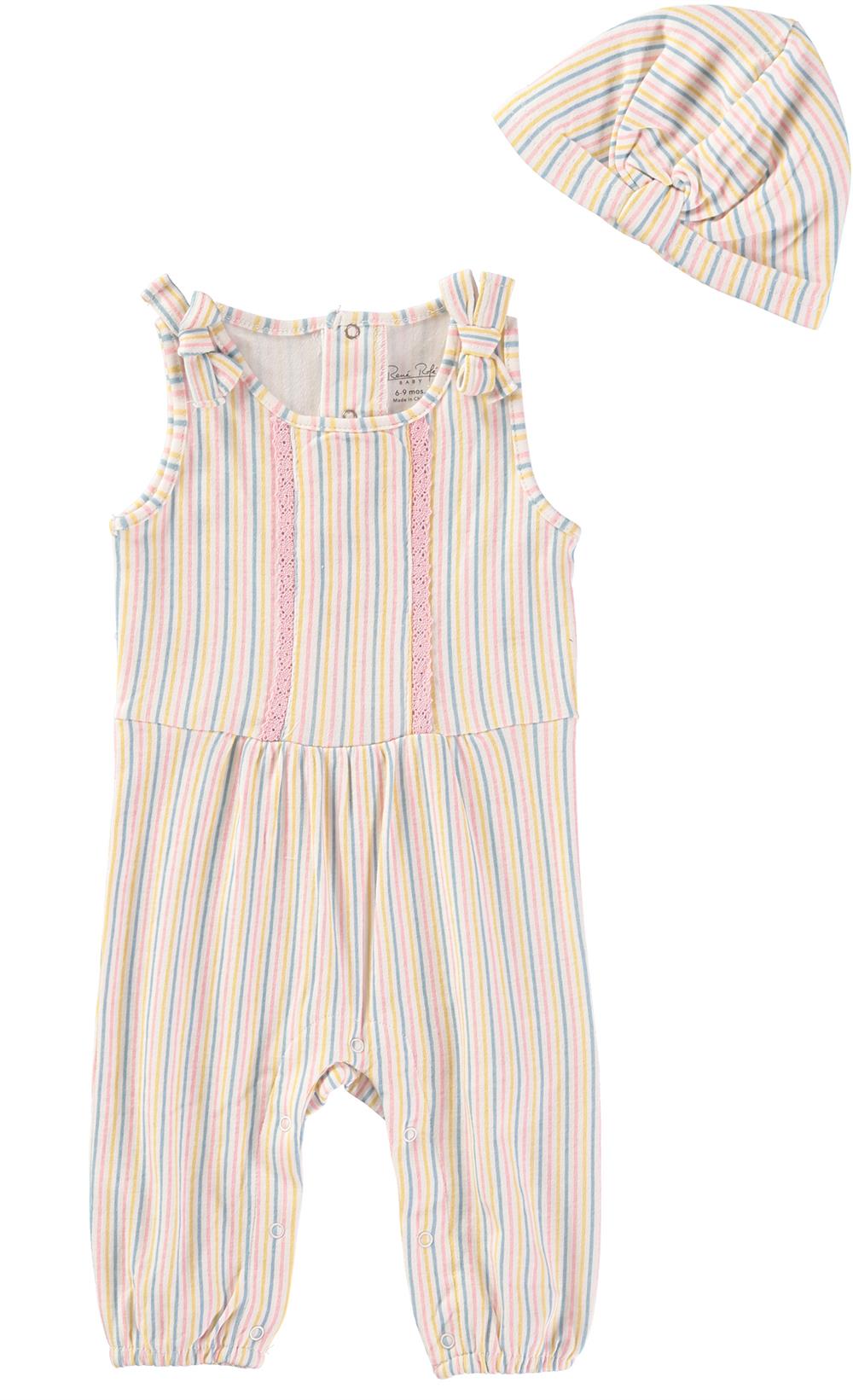 Rene Rofe Baby Girls 0-9 Months Stripe Jumpsuit and Hat Set