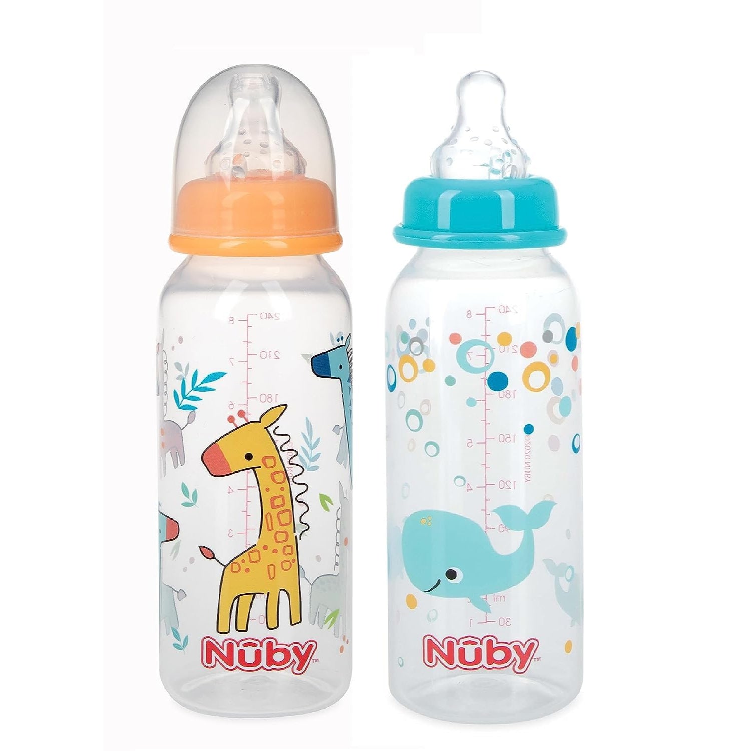 Nuby 2 Pack Printed Non Drip Standard Bottle, Colors May Vary