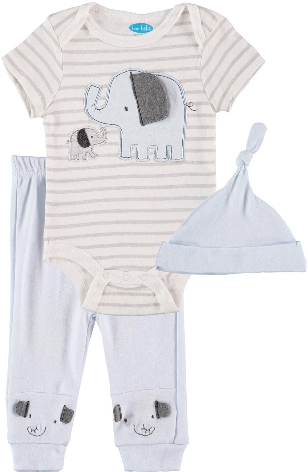 Bon Bebe Boys 0-9 Months Elephant Bodysuit Pant Set with Matching Cap