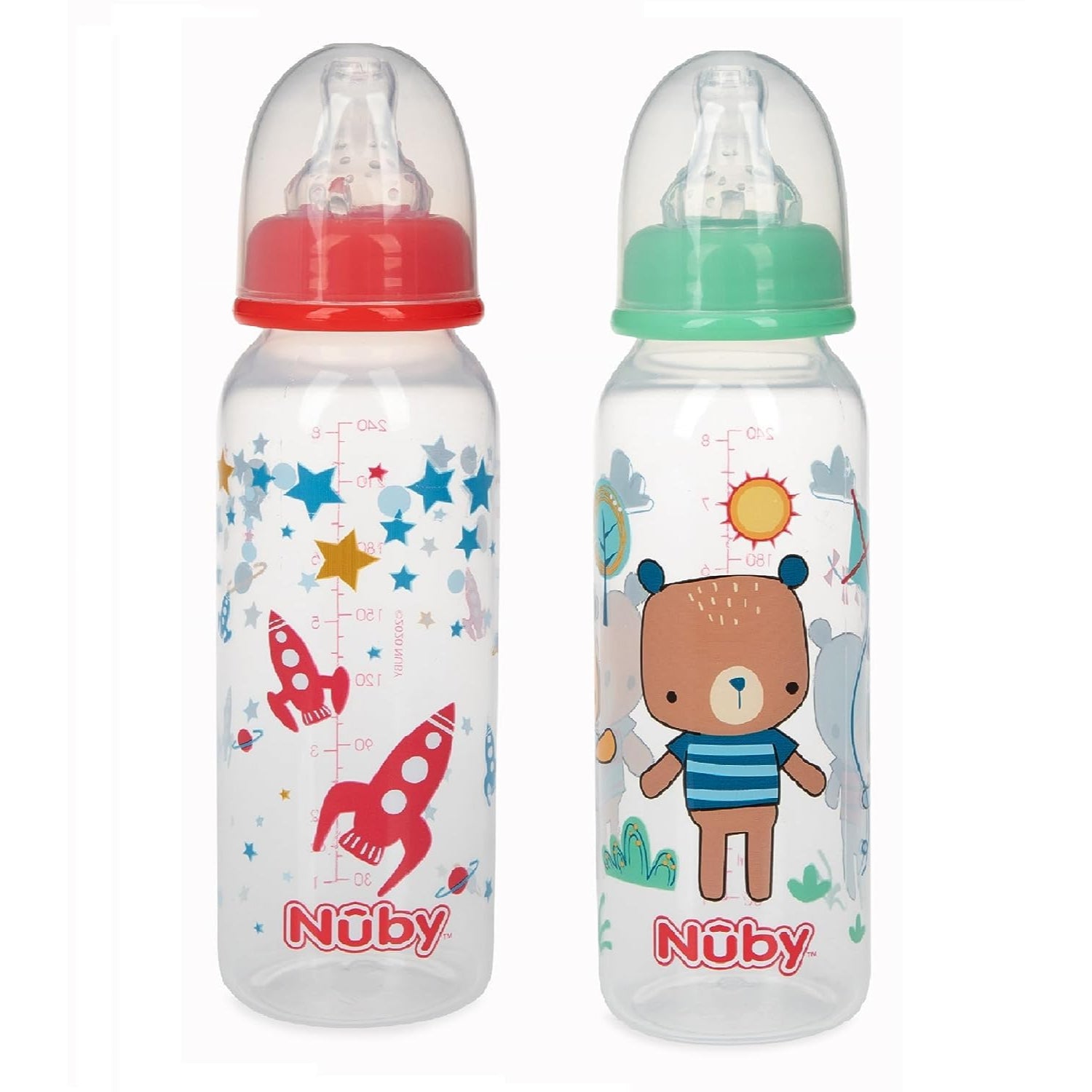 Nuby 2 Pack Printed Non Drip Standard Bottle, Colors May Vary