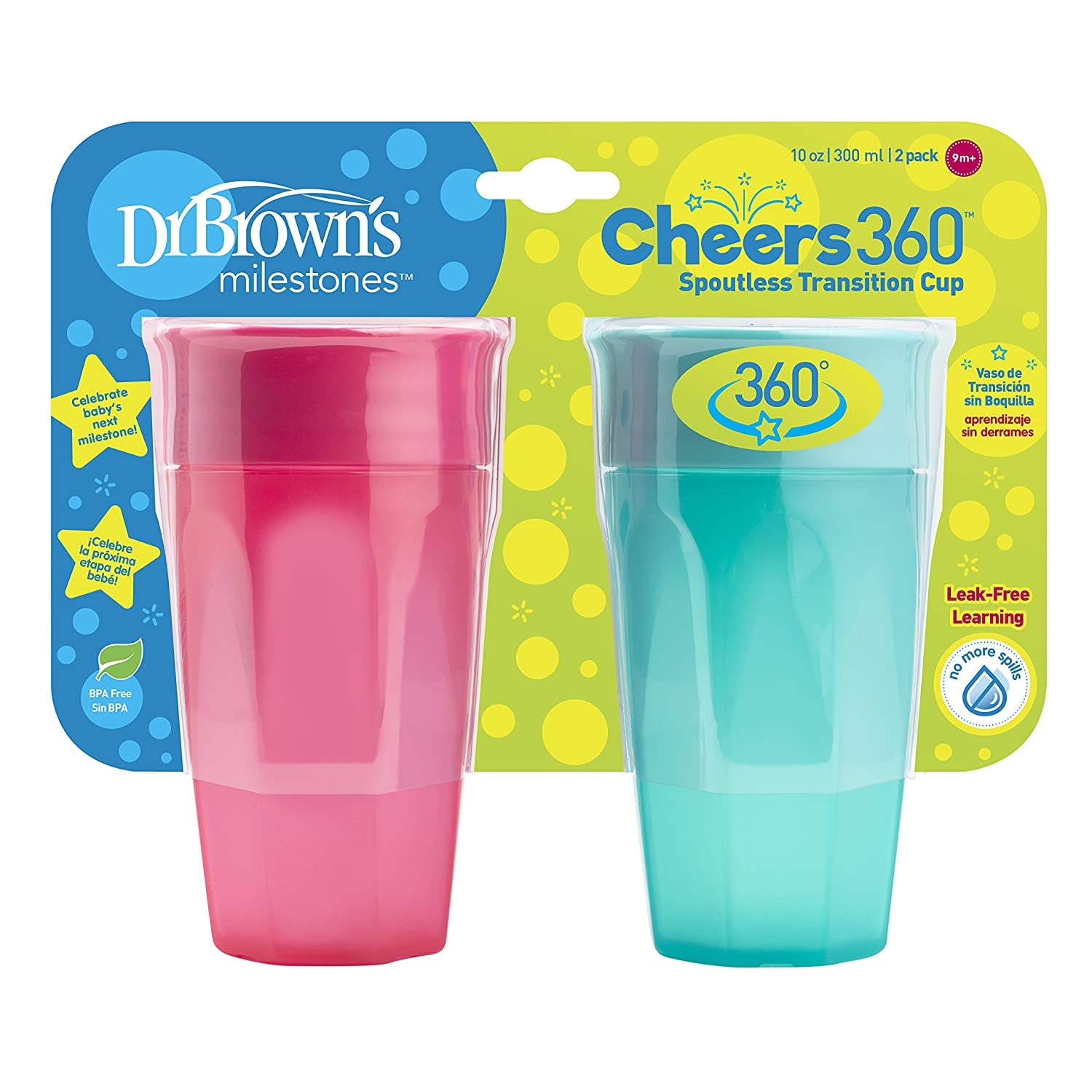 Dr. Browns Cheers 360 Spoutless Training Cup, 9m+, 10 Ounce, Pink/Turquoise, 2 Count