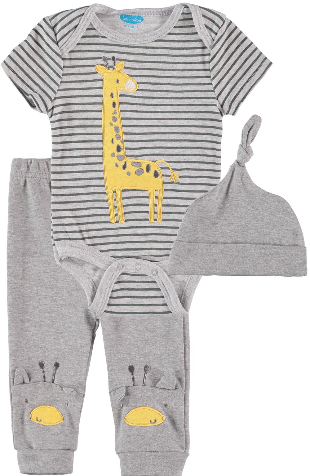 Bon Bebe Boys 0-9 Months Giraffe Bodysuit Pant Set with Matching Cap