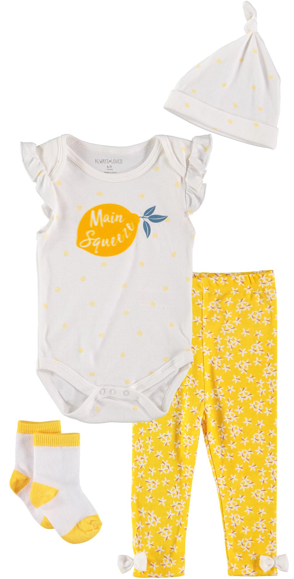 Always Loved Girls 0-9 Months Lemon 4-Piece Bodysuit Pant Outfit Set