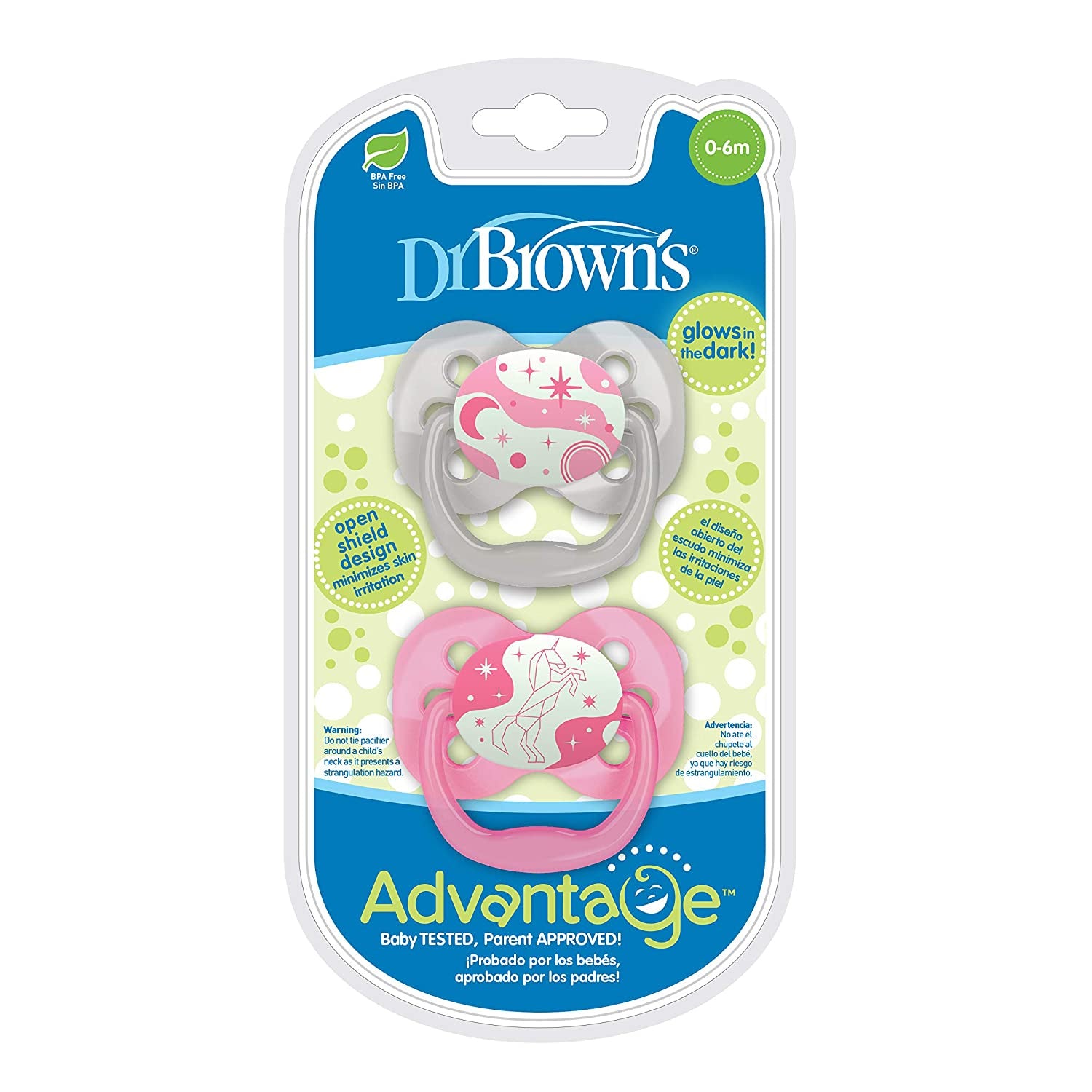 Dr. Browns Advantage Baby Pacifiers, Glow-in-The-Dark, 0-6 Month Pacifiers, 2 Count