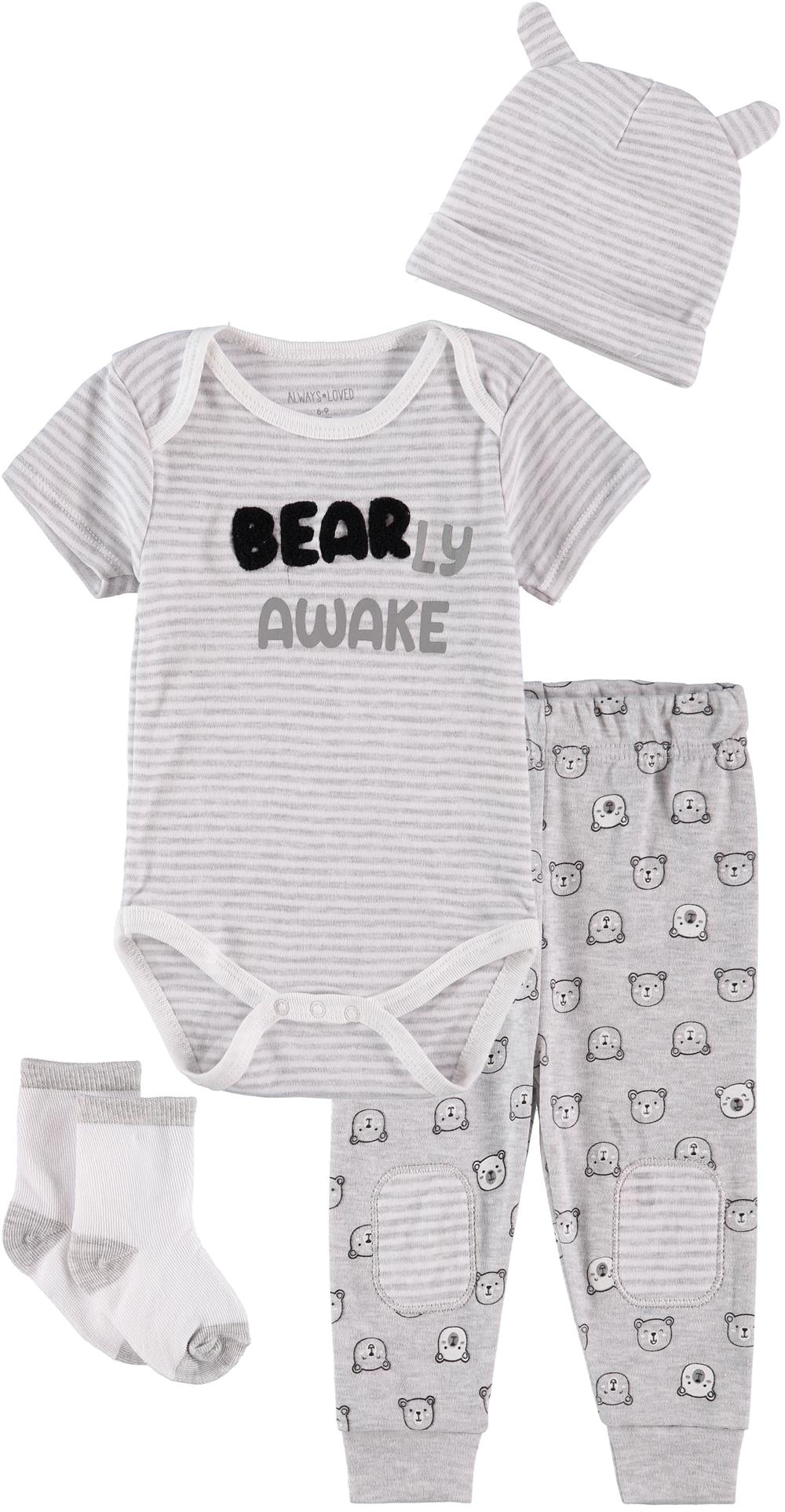 Always Loved Boys 0-9 Months Bear 4-Piece Bodysuit Pant Outfit Set