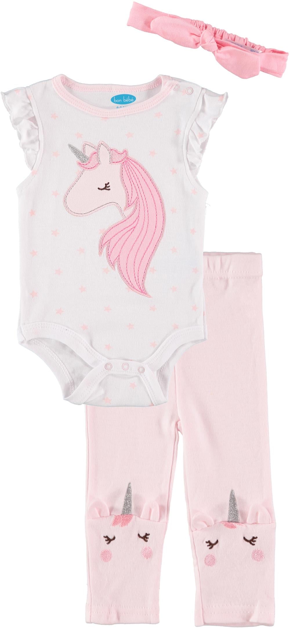 Bon Bebe Girls 0-9 Months Unicorn Bodysuit Pant Set with Headband