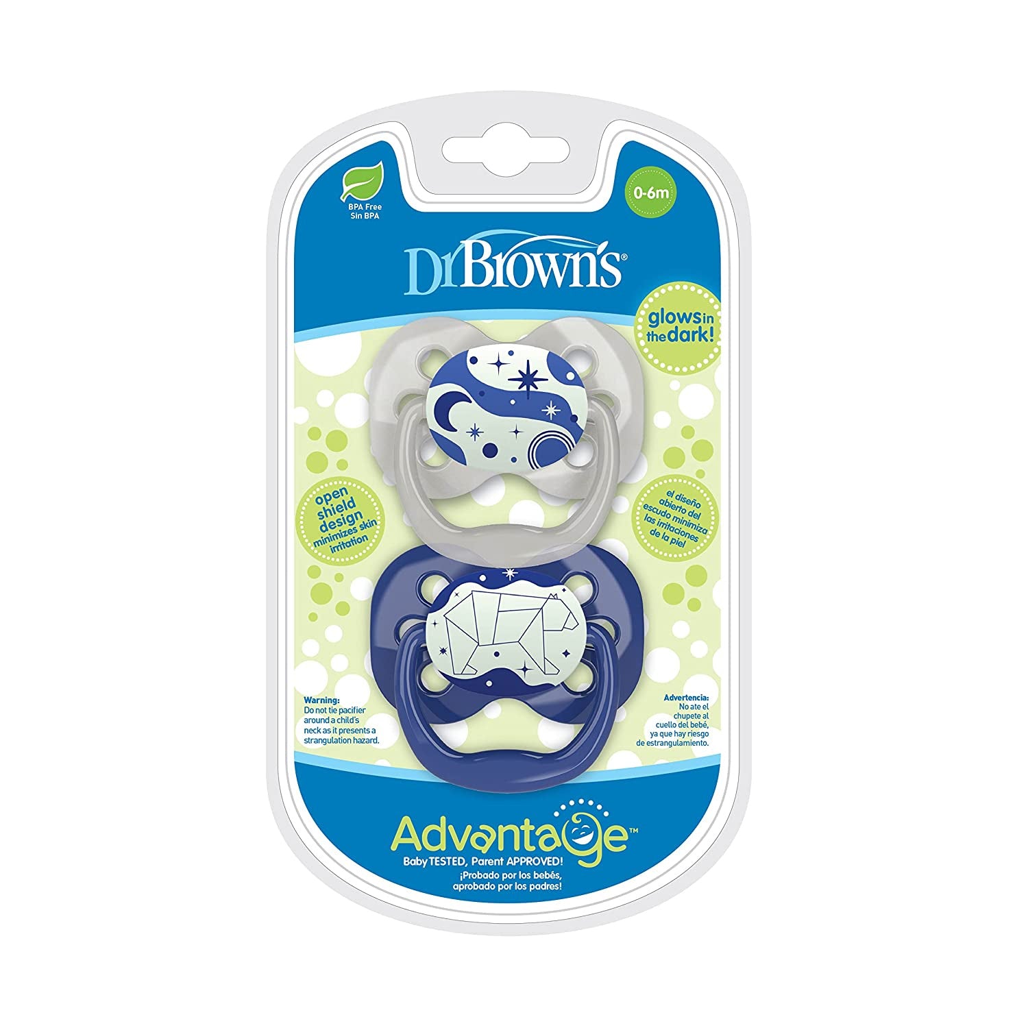 Dr. Browns Advantage Baby Pacifiers, Glow-in-The-Dark, 0-18 Month Pacifiers, 2 Count