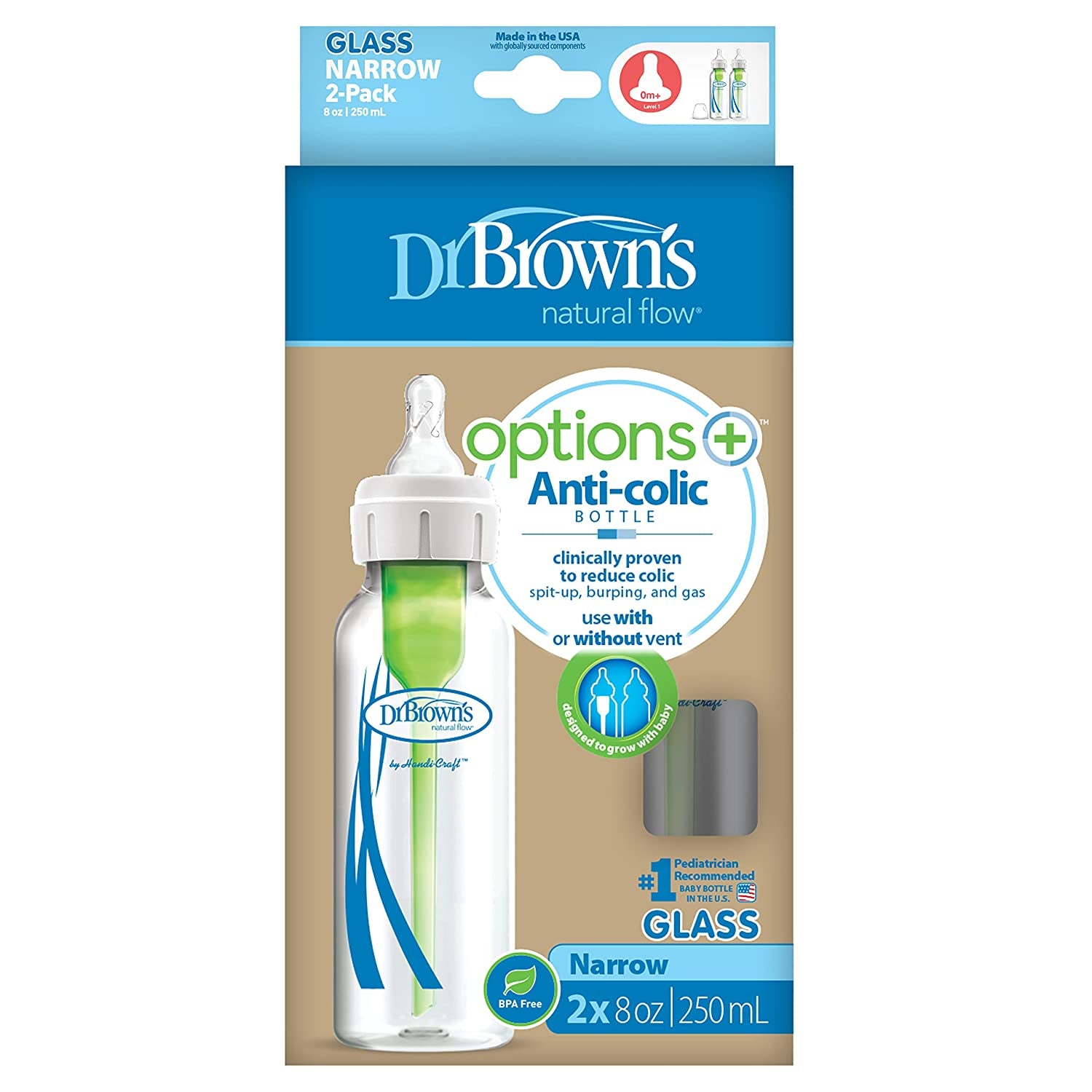 Dr. Browns Natural Flow Options+ Narrow Glass Baby Bottles, 8oz, 2-Pack