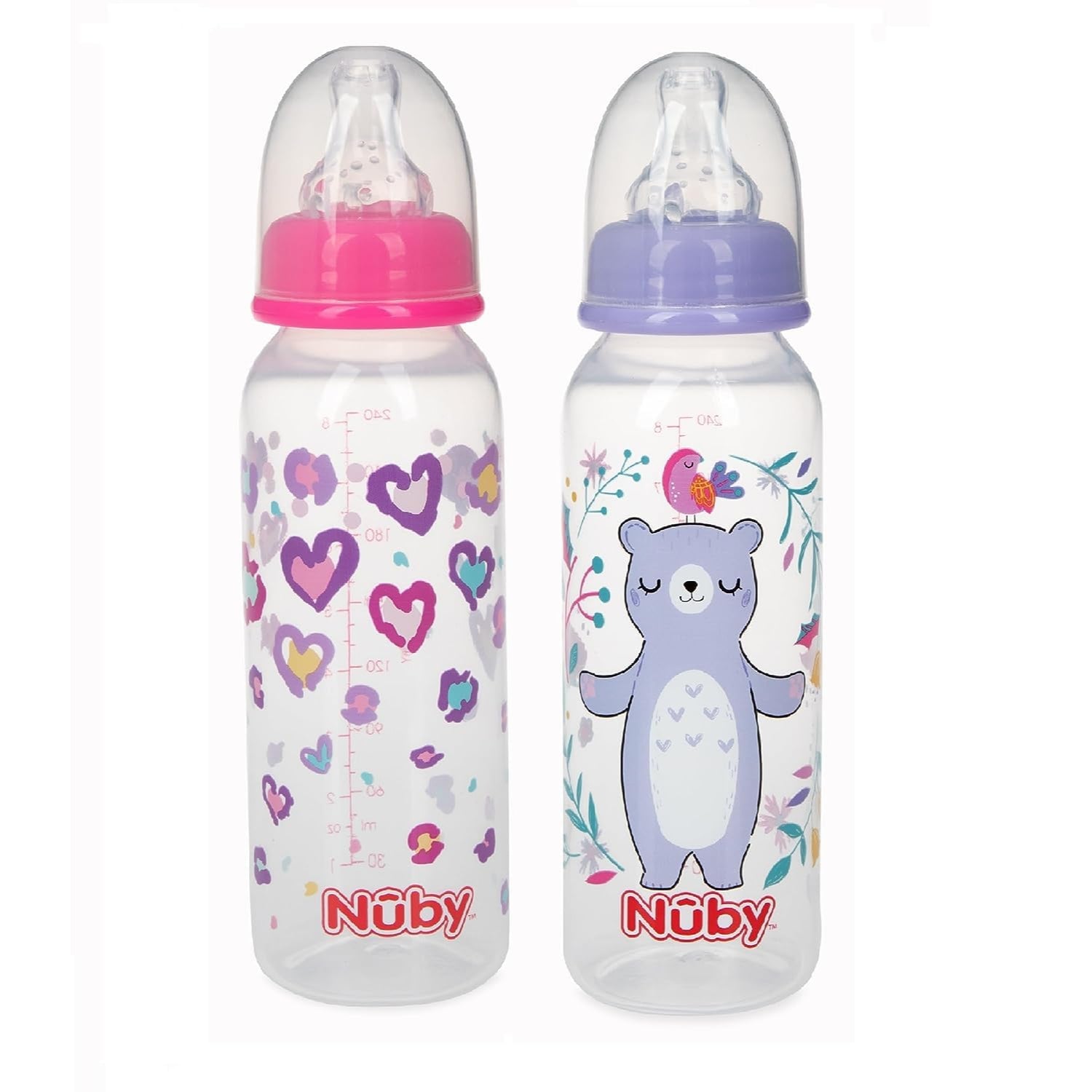 Nuby 2 Pack Printed Non Drip Standard Bottle, Colors May Vary