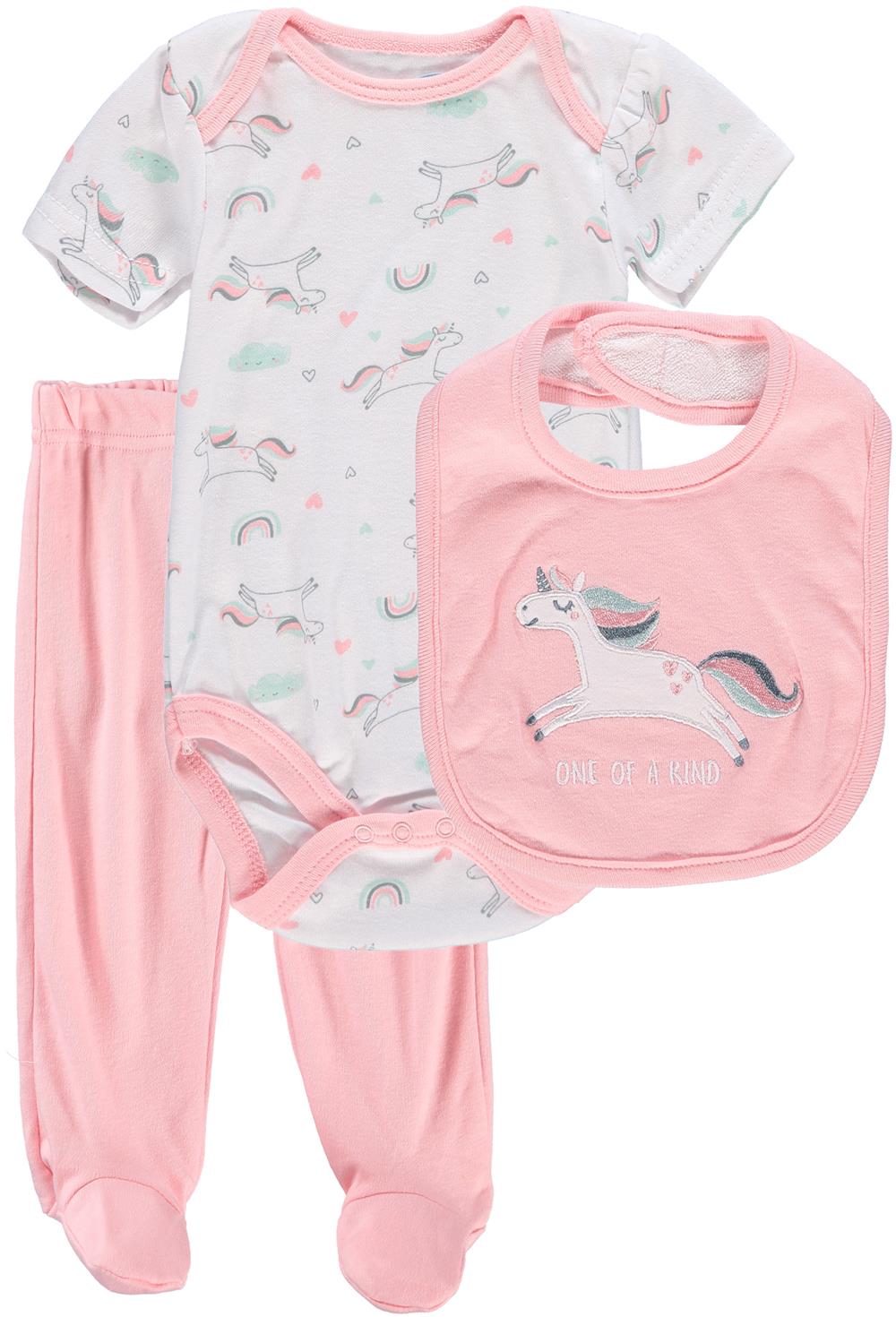 Bon Bebe Girls 0-9 Months Unicorn Bodysuit Pant Set with Bib