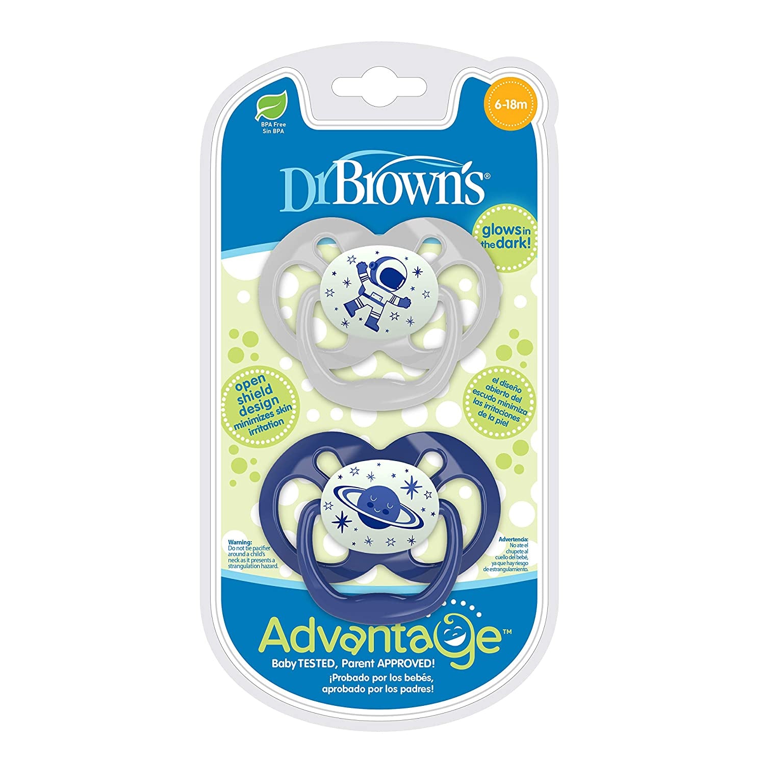 Dr. Browns Advantage Baby Pacifiers, Glow-in-The-Dark, 0-18 Month Pacifiers, 2 Count