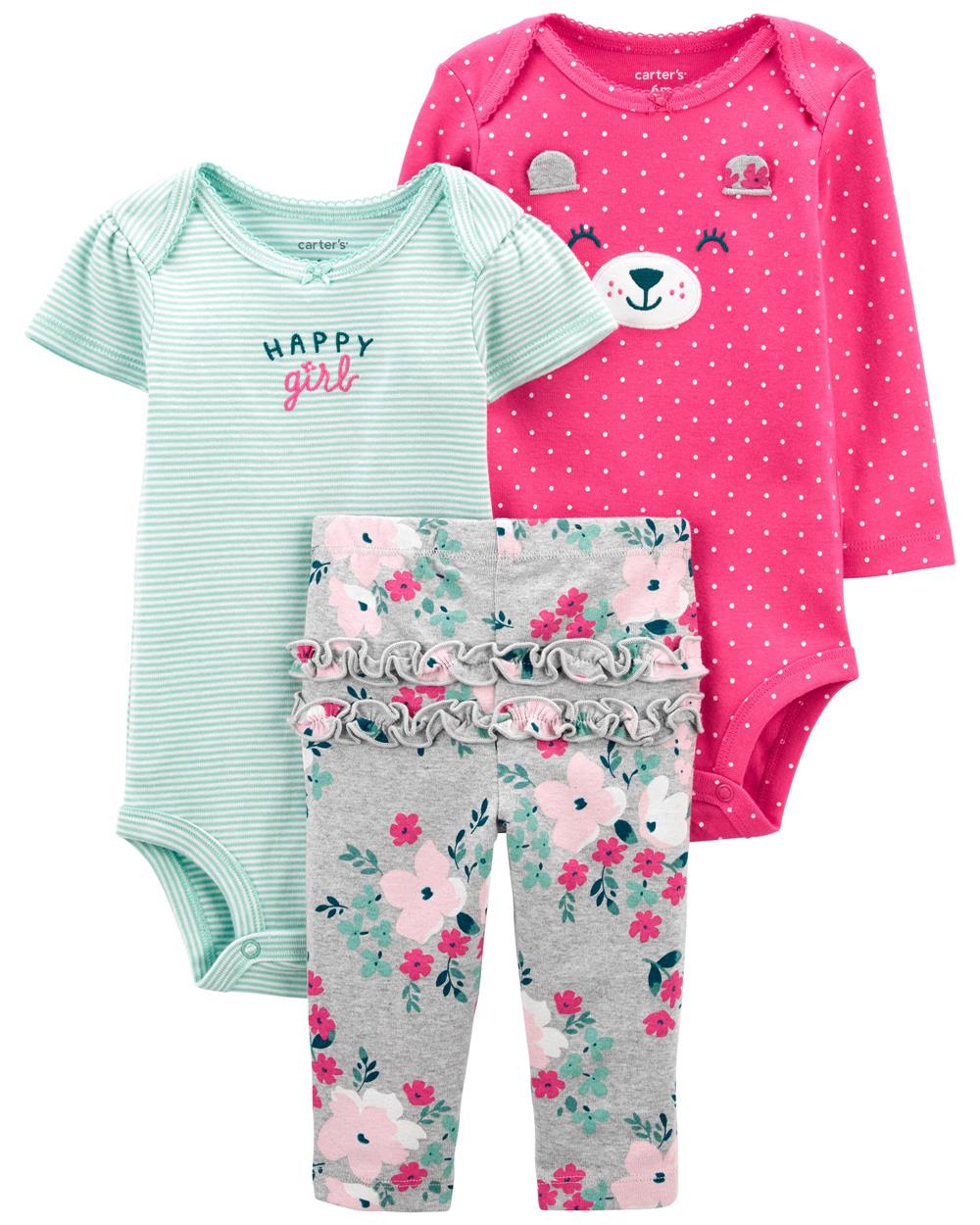 Carters Girls 0-24 Months Bear 3-Piece Bodysuit Pant Set