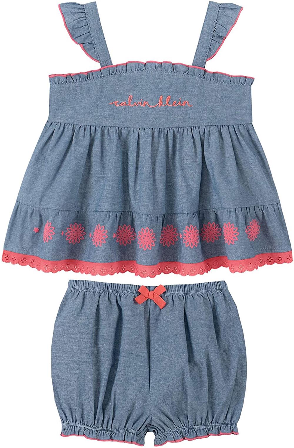 Calvin Klein Girls 12-24 Months Denim Ruffle 2-Piece Diaper Cover Set