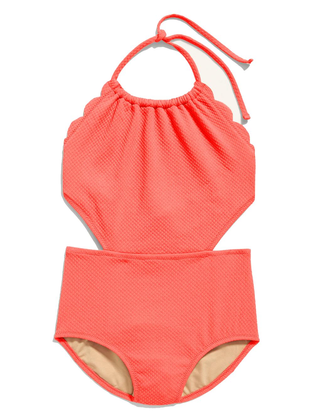 Bathing Suit Girls Textured Scallop-Edged Cutout One Piece Swimsuit