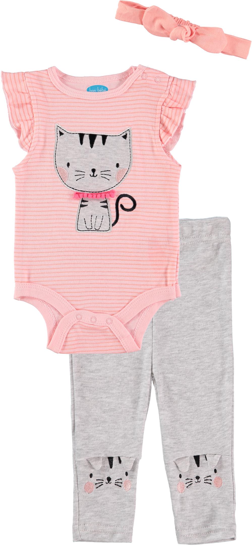 Bon Bebe Girls 0-9 Months Kitty Bodysuit Pant Set with Headband