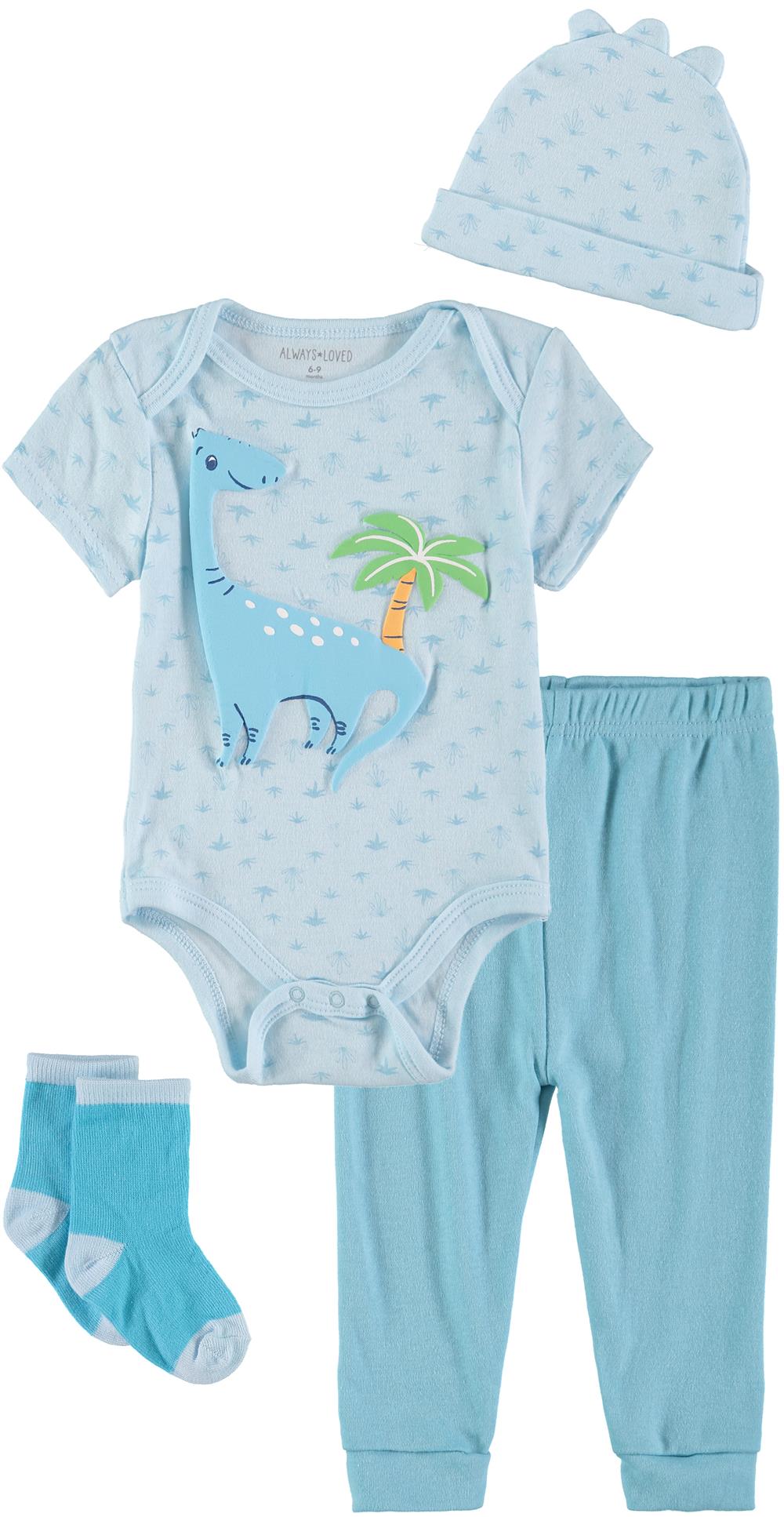 Always Loved Boys 0-9 Months Dinosaur 4-Piece Bodysuit Pant Outfit Set