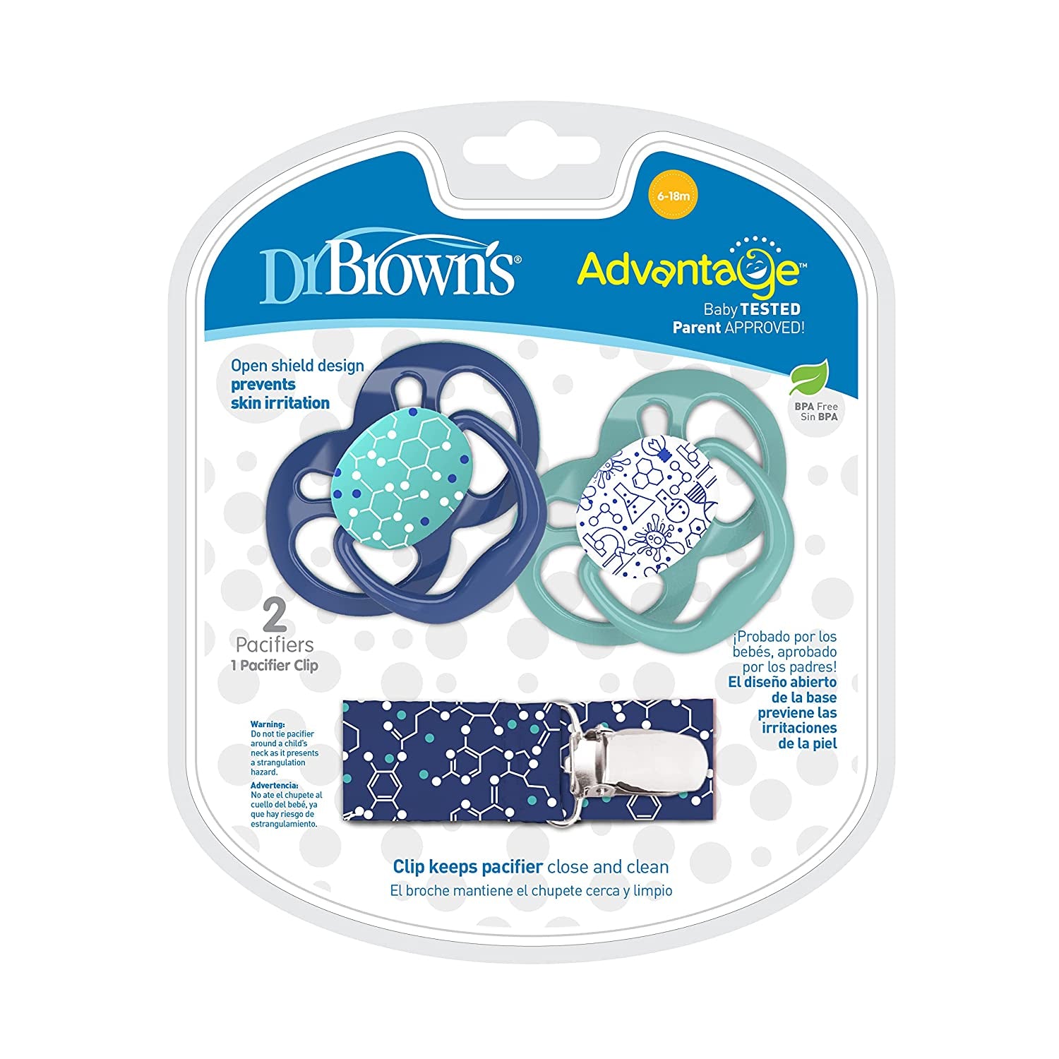 Dr. Browns Advantage Pacifier with Pacifier Clip, 6-18M, Blue, 2 Count