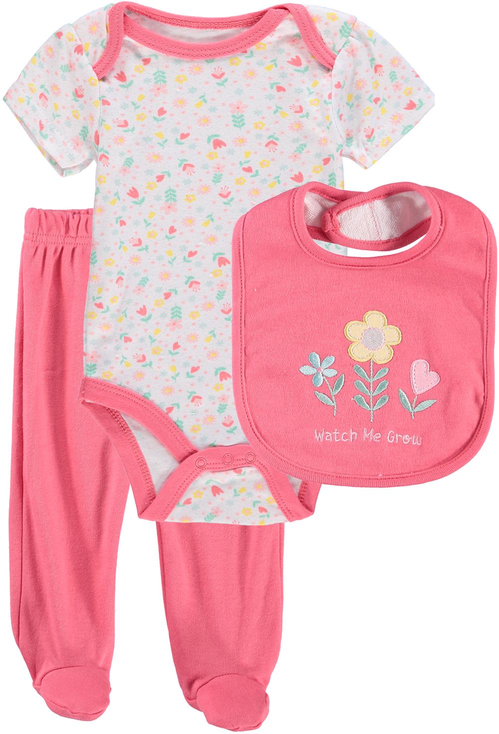 Bon Bebe Girls 0-9 Months Floral Bodysuit Pant Set with Bib