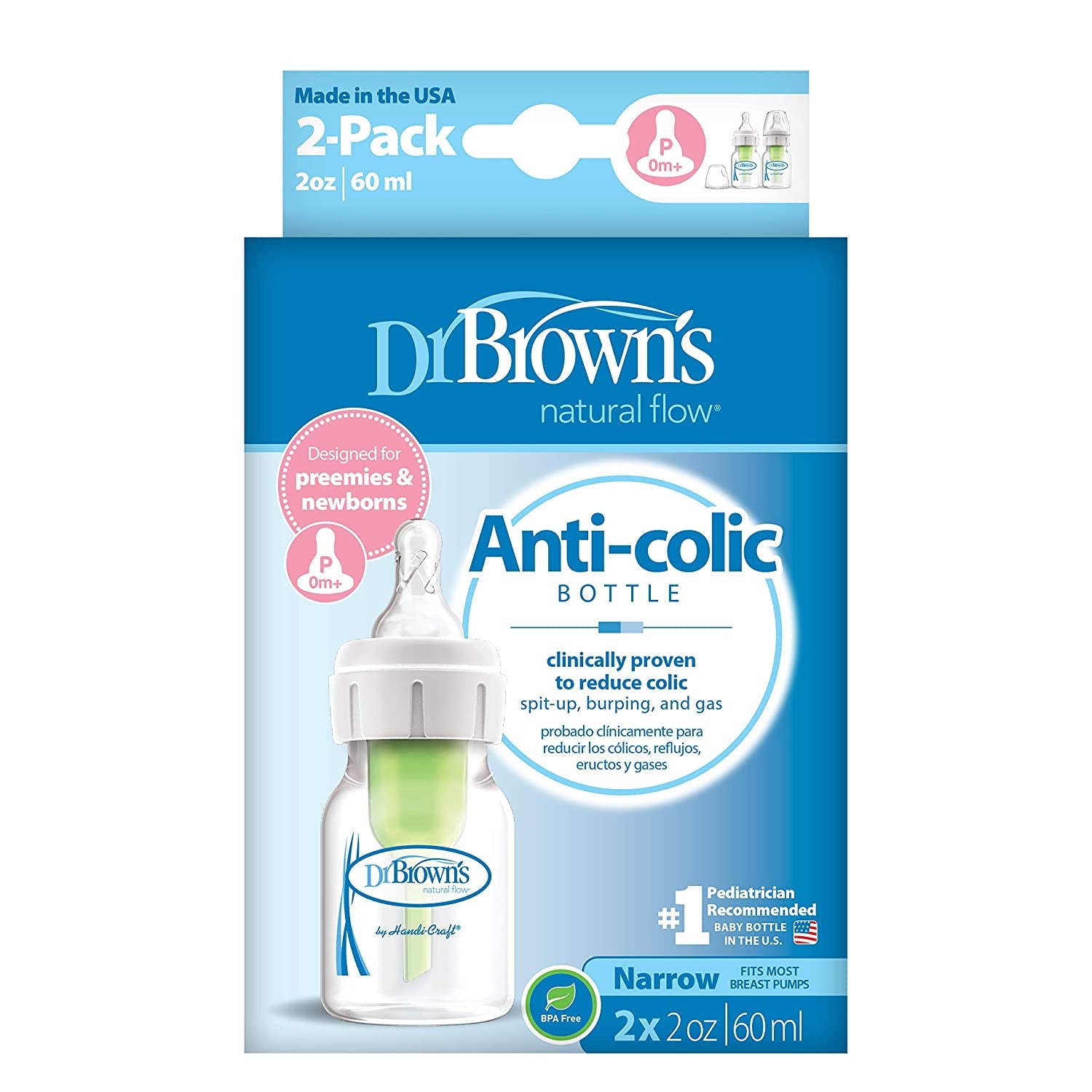 Dr. Browns Natural Flow Options+ Preemie Baby Bottle, 2 oz/60 ml, 2 PK