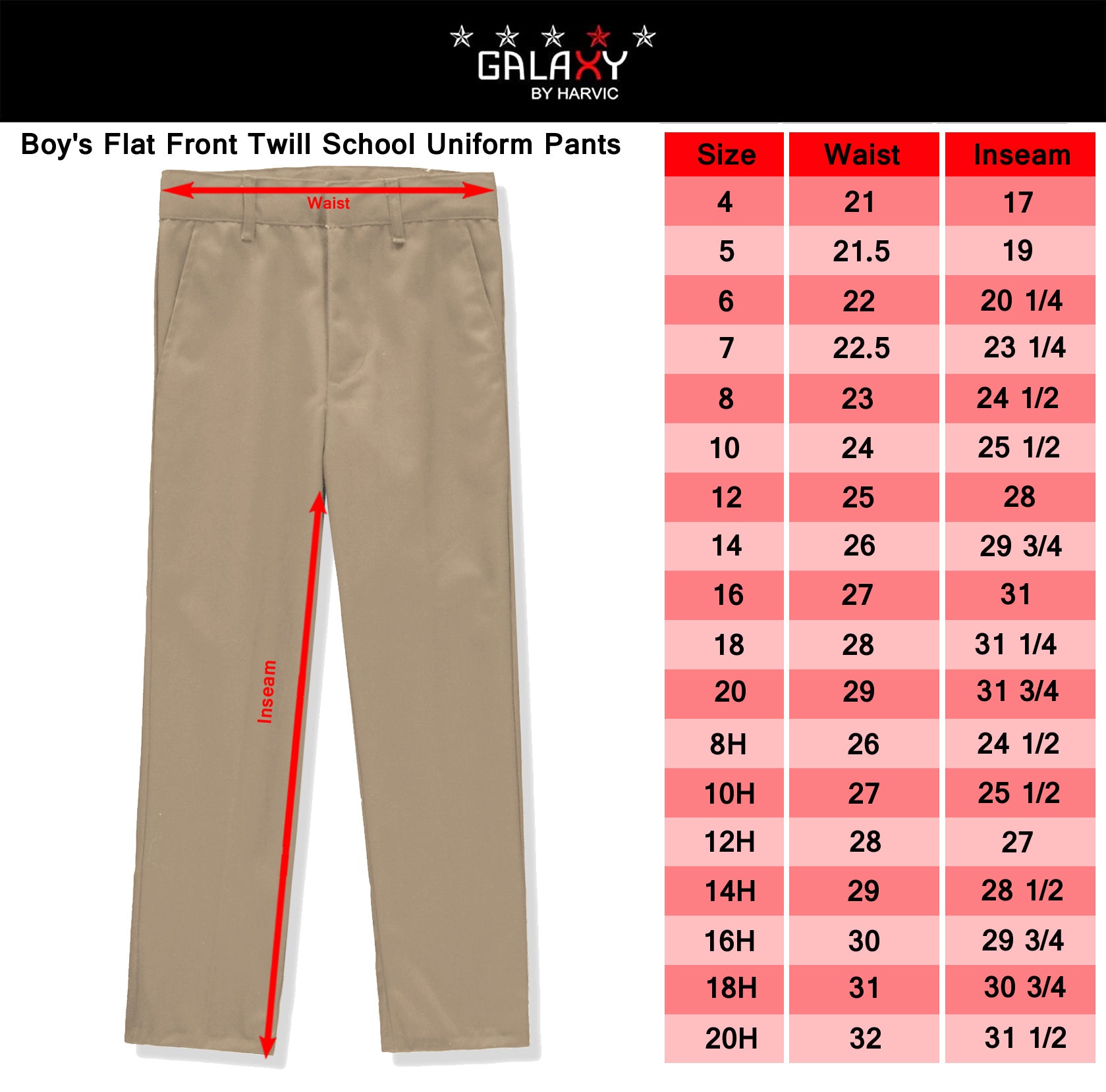 Galaxy Boys 8-20 Flat Front School Uniform Pants