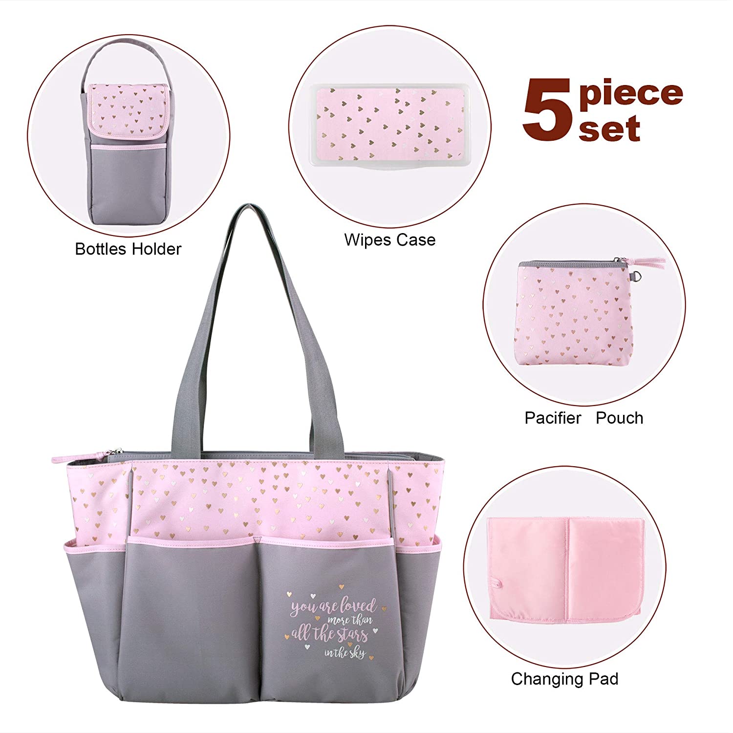 Baby Essentials 5 Piece Diaper Bag Tote Set, Pink Hearts