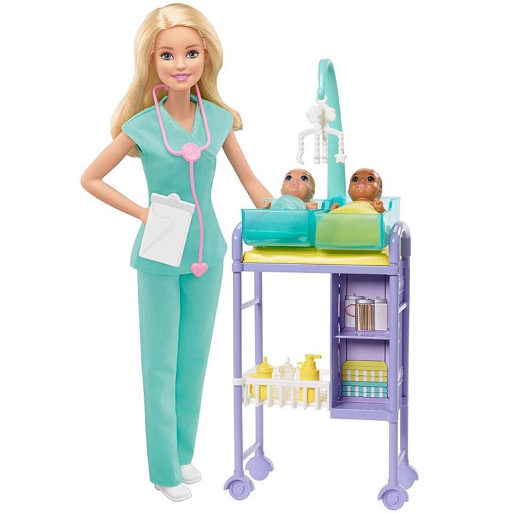 Mattel Barbie Baby Doctor Playset with Blonde Doll, 2 Infant Dolls, Exam Table and Accessories