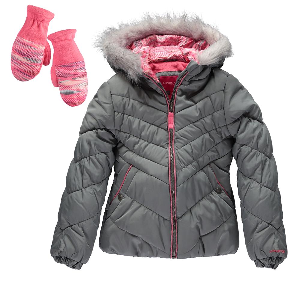 London Fog Girls Quilted Puffer Jacket with Mitten