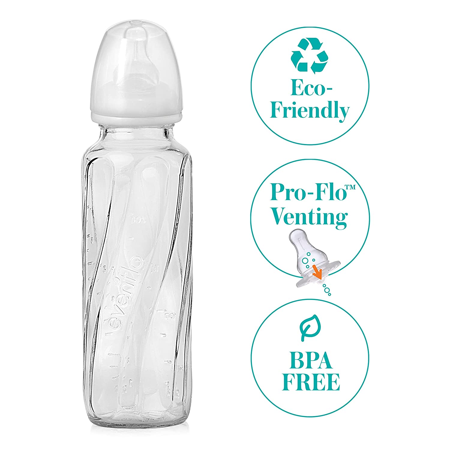 Evenflo Feeding Glass Premium Proflo Vented Plus Bottles, Clear, 8 Ounce (Pack of 6)