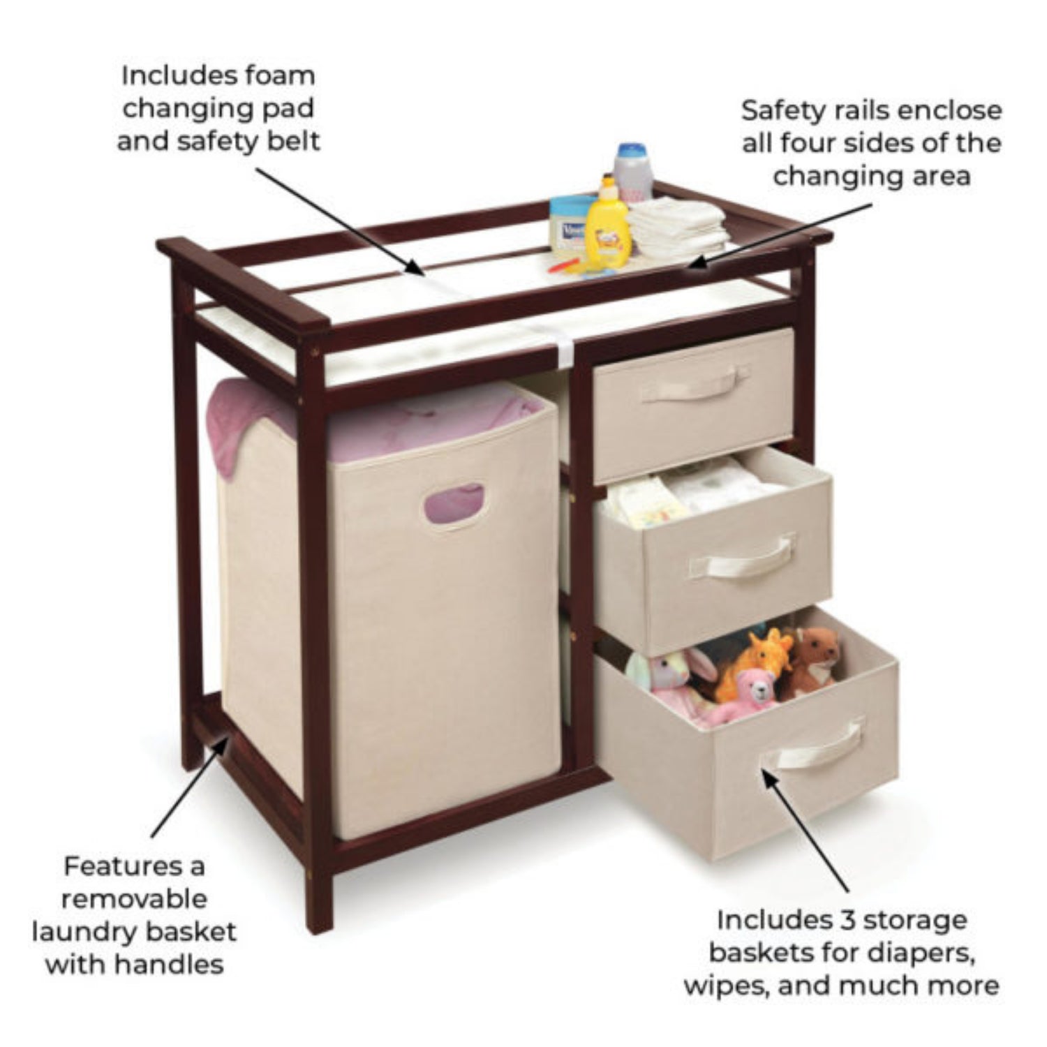 Badger Basket Modern Baby Changing Table with Hamper and 3 Baskets – Cherry