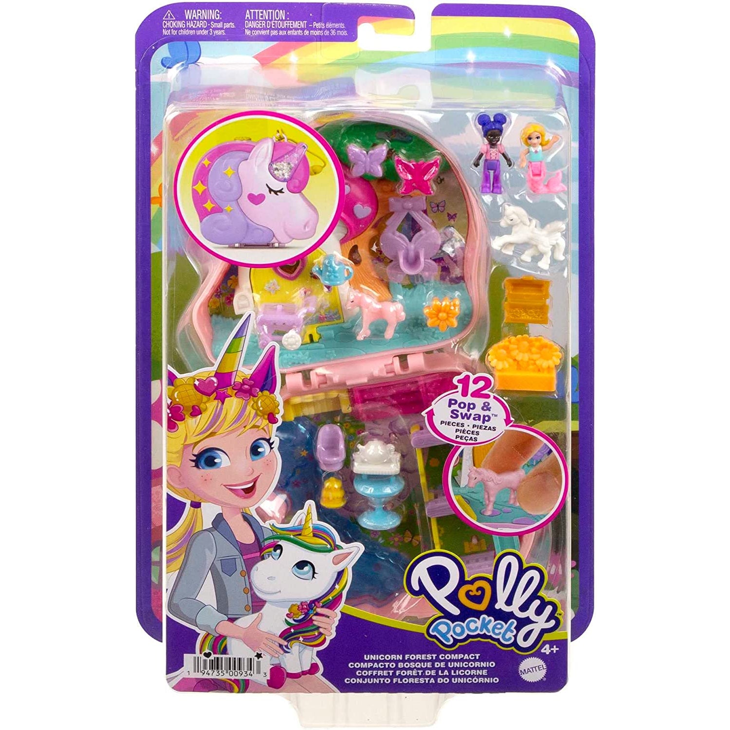 Mattel Polly Pocket Unicorn Forest Compact Tea Party-Themed Playset with Glitter Horn, 2 Micro Dolls