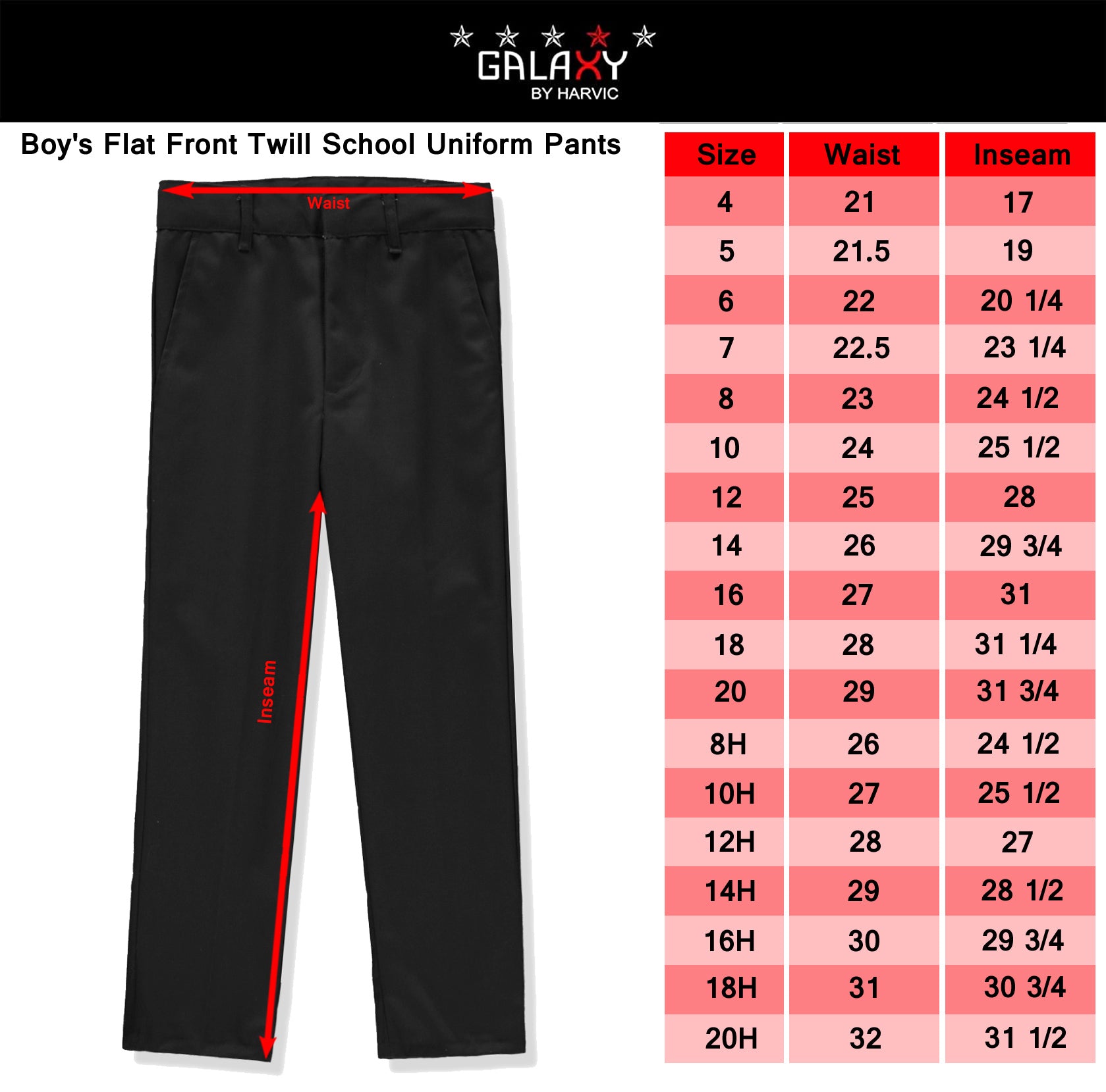 Galaxy Boys 4-7 Flat Front School Uniform Pants