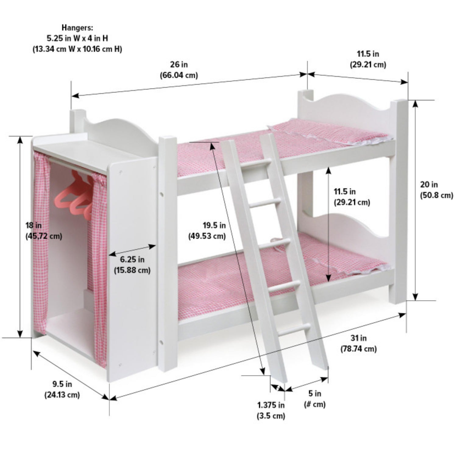 Badger Basket Doll Armoire Bunk Bed with Ladder – White/Pink