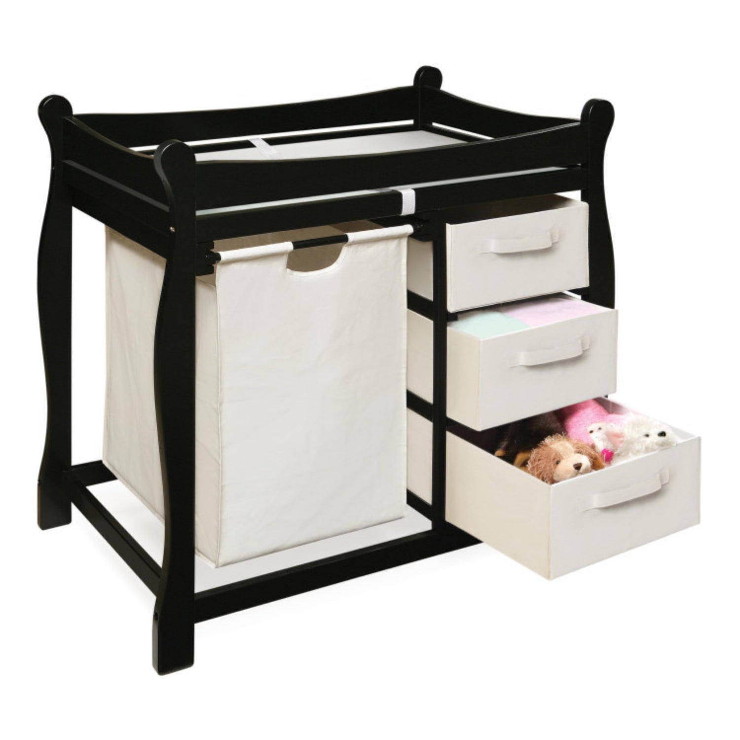 Badger Basket Sleigh Style Baby Changing Table with Hamper and 3 Baskets – Black