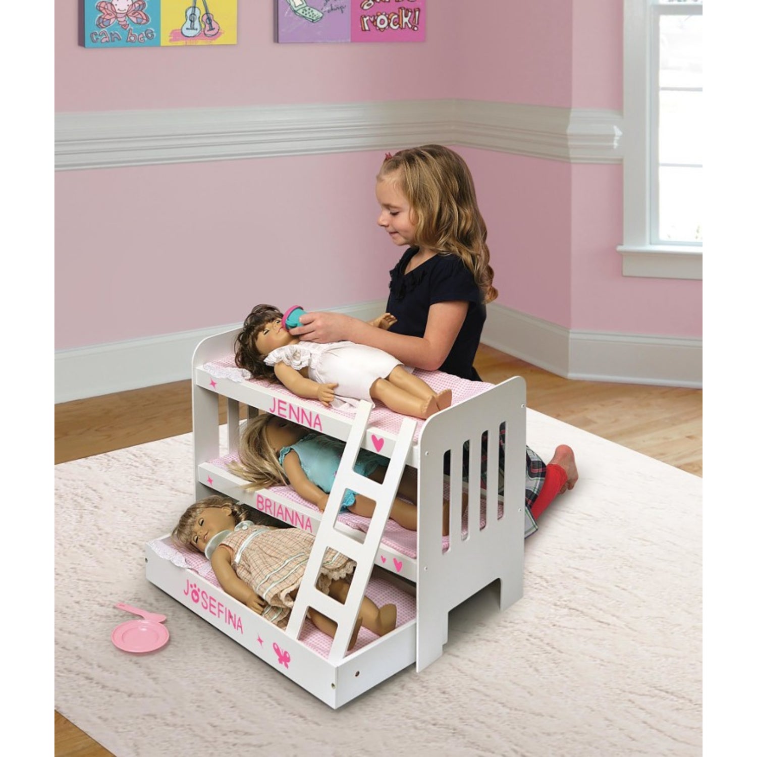 Badger Basket Trundle Doll Bunk Bed with Ladder and Free Personalization Kit – White/Pink