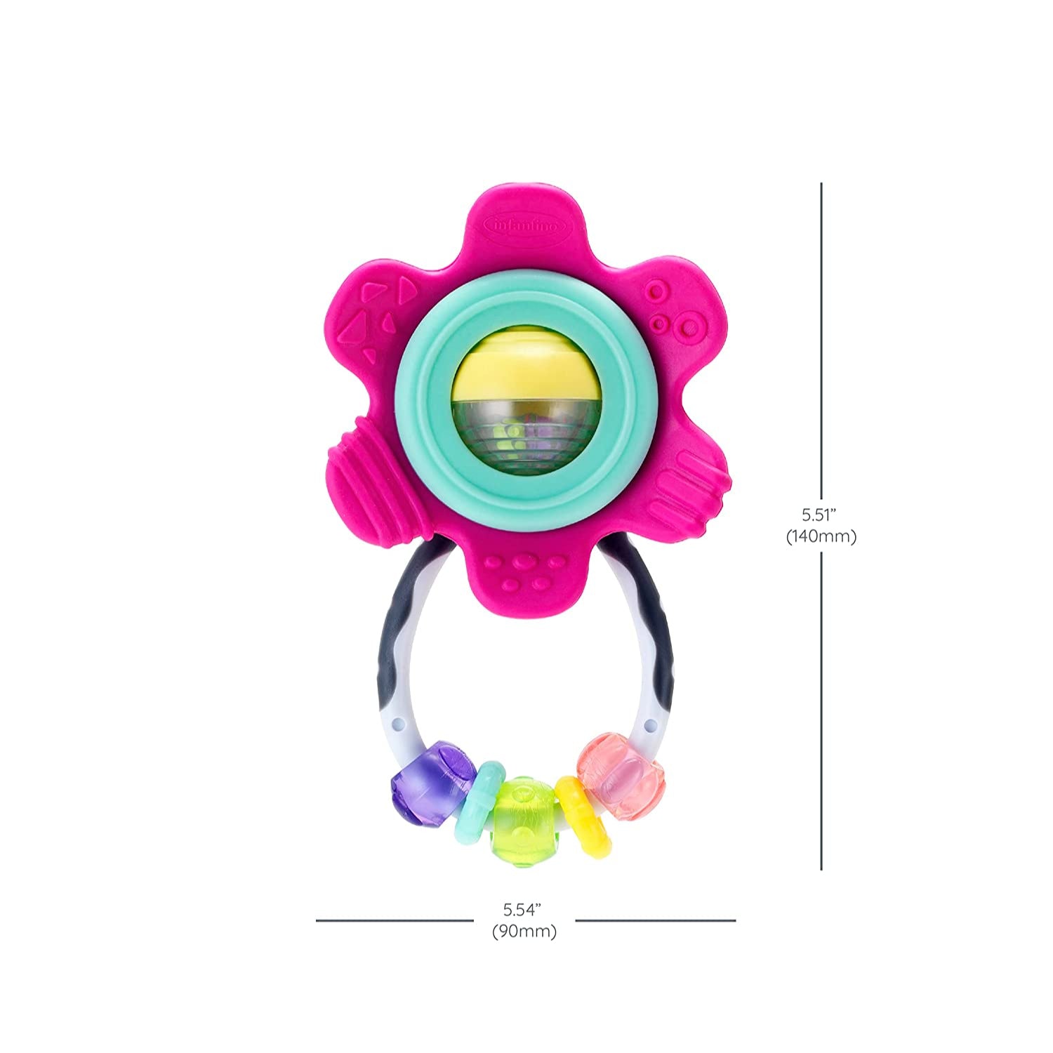 Infantino Spin & Teethe Gummy Pink Flower Rattle - Easy to Grab, Chewy Rings, Multi-Texutre Petals,