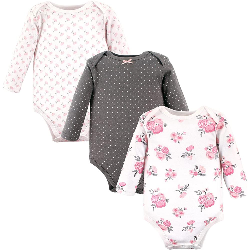 Hudson Baby Cotton Long-Sleeve Bodysuits, Basic Pink Gray Floral