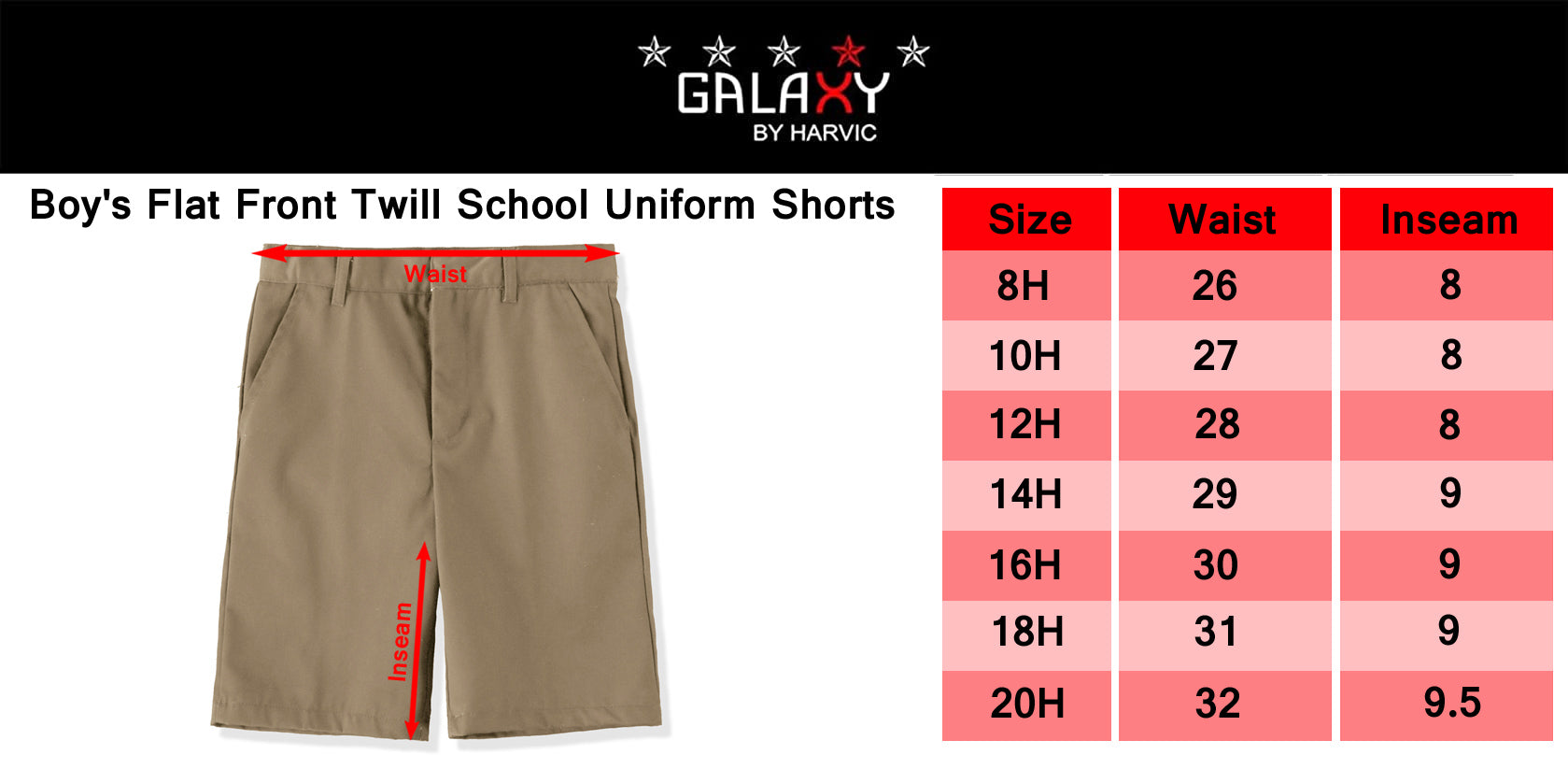 Galaxy Boys Husky 8-20 Flat Front Twill School Uniform Short