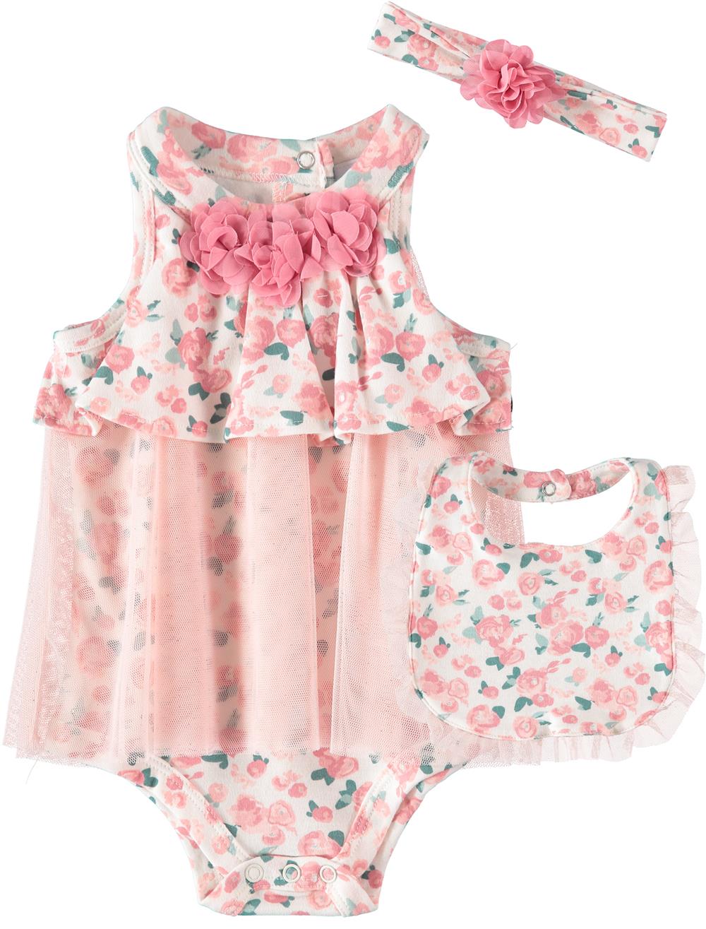 Nicole Miller Girls 0-9 Months Floral 3-Piece Creeper Set