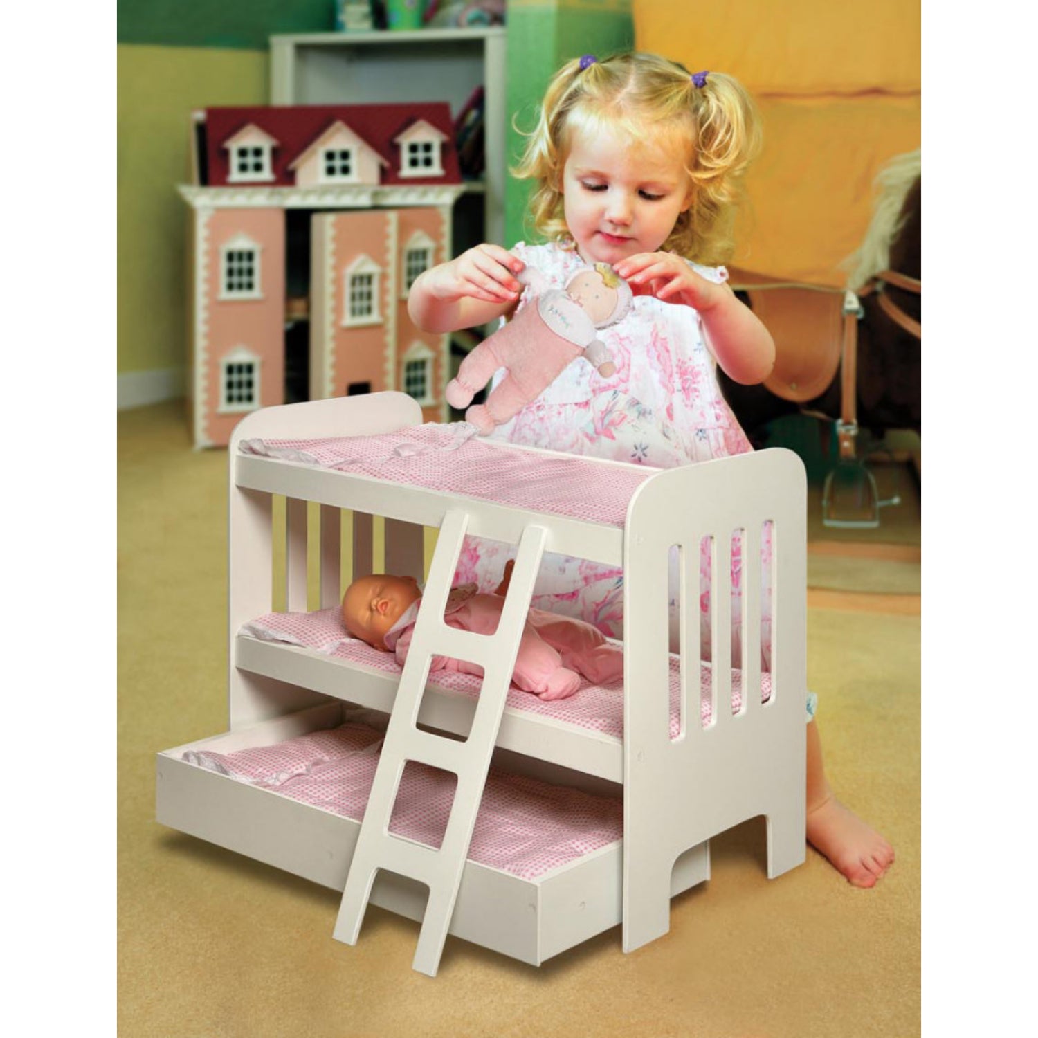 Badger Basket Trundle Doll Bunk Bed with Ladder and Free Personalization Kit – White/Pink