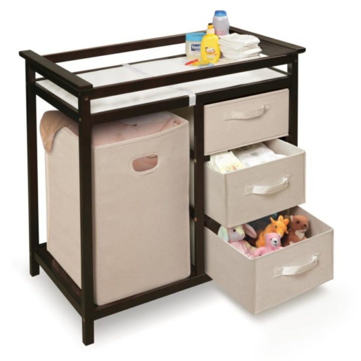 Badger Basket Modern Baby Changing Table with Hamper and 3 Baskets – Espresso