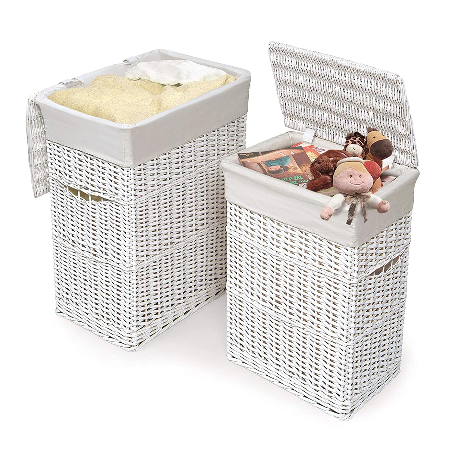 Badger Basket Wicker Two Hamper Set with Liners – White