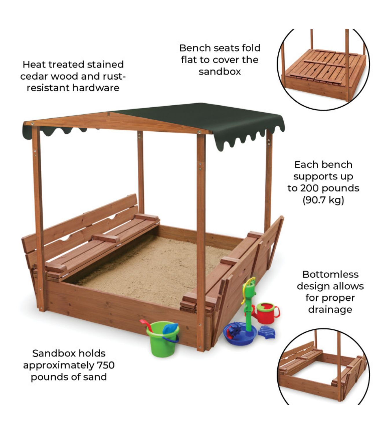 Badger Basket Covered Convertible Cedar Sandbox with Canopy and Two Bench Seats