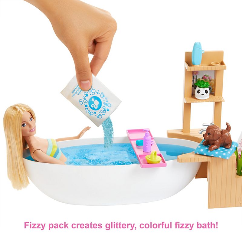 Mattel Barbie Fizzy Bath Doll & Playset, Blonde, with Tub, Puppy & More