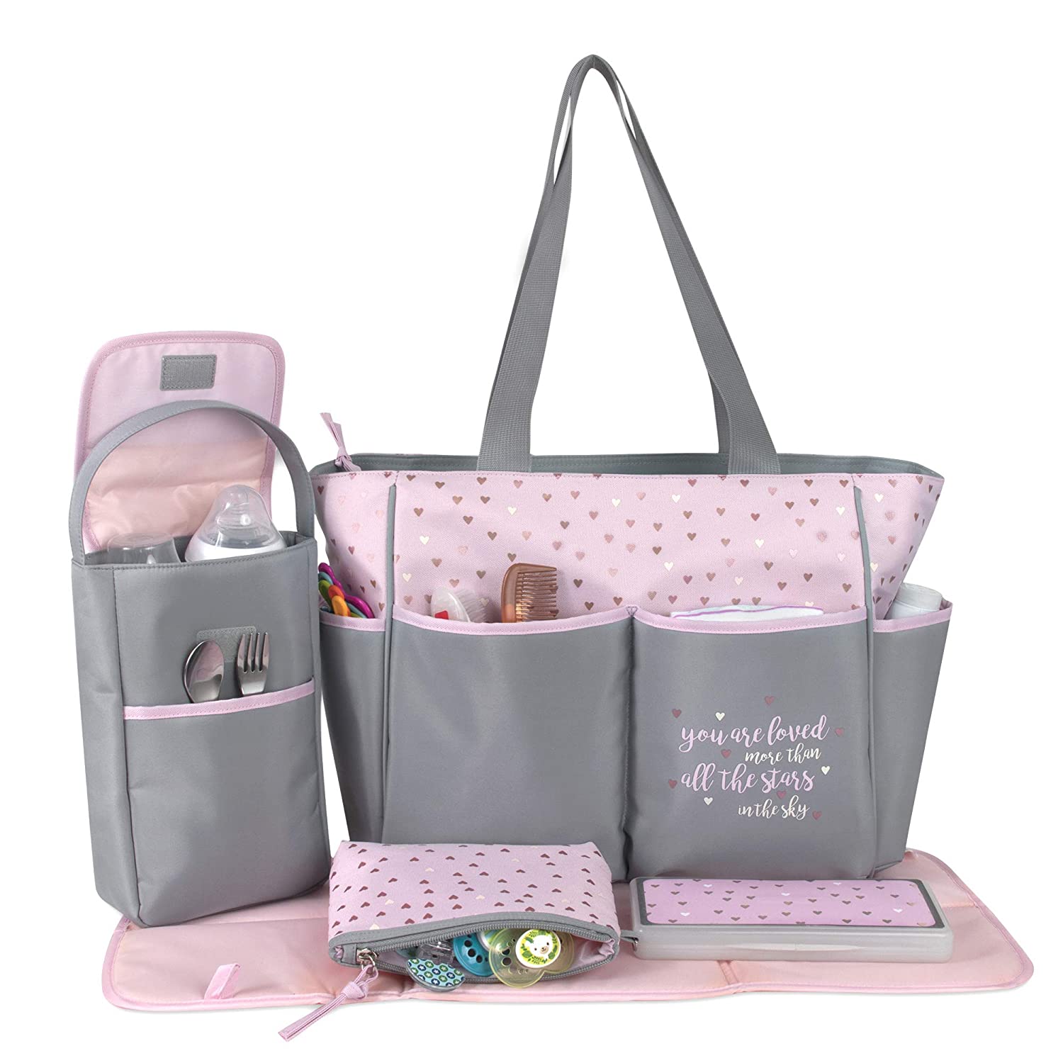 Baby Essentials 5 Piece Diaper Bag Tote Set, Pink Hearts