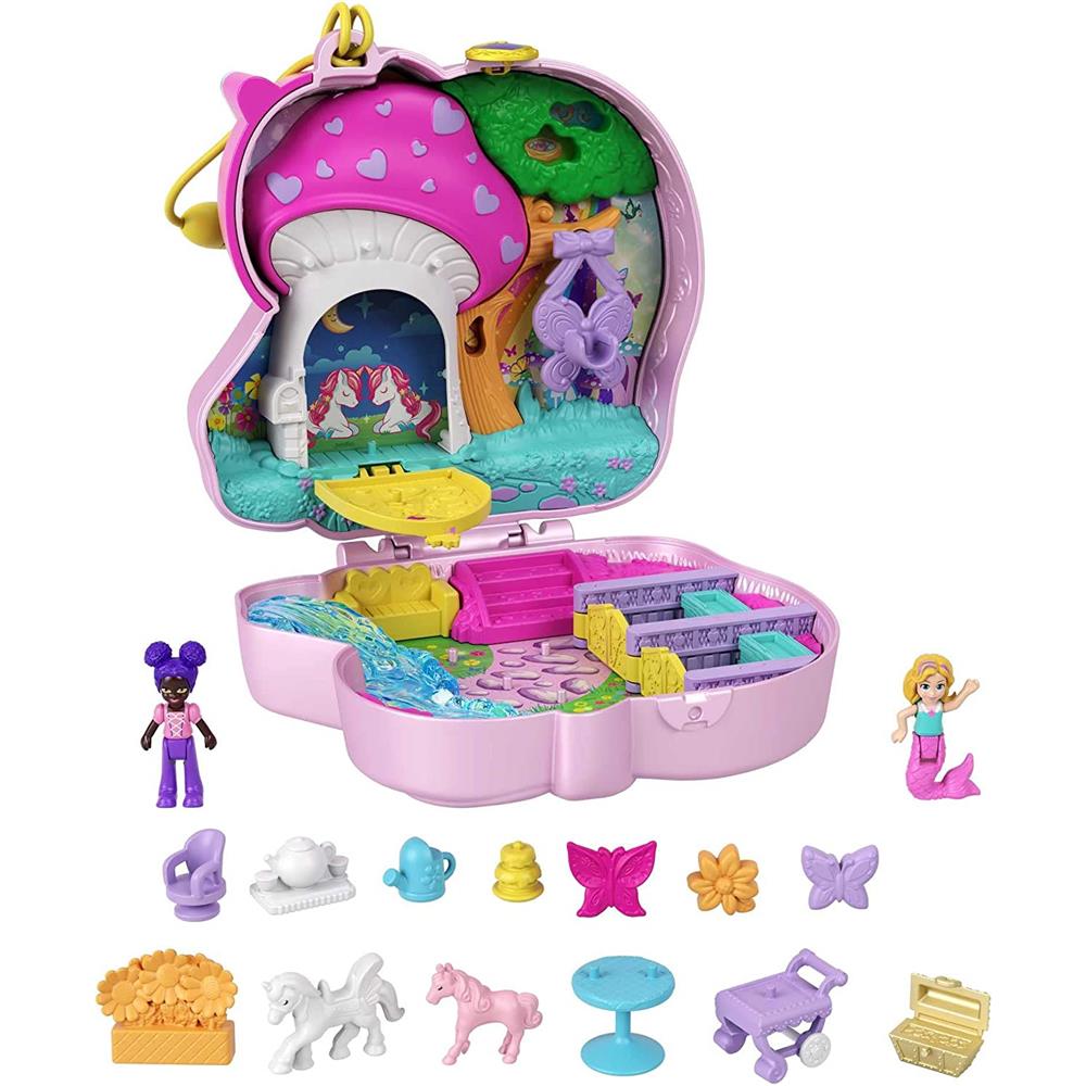 Mattel Polly Pocket Unicorn Forest Compact Tea Party-Themed Playset with Glitter Horn, 2 Micro Dolls