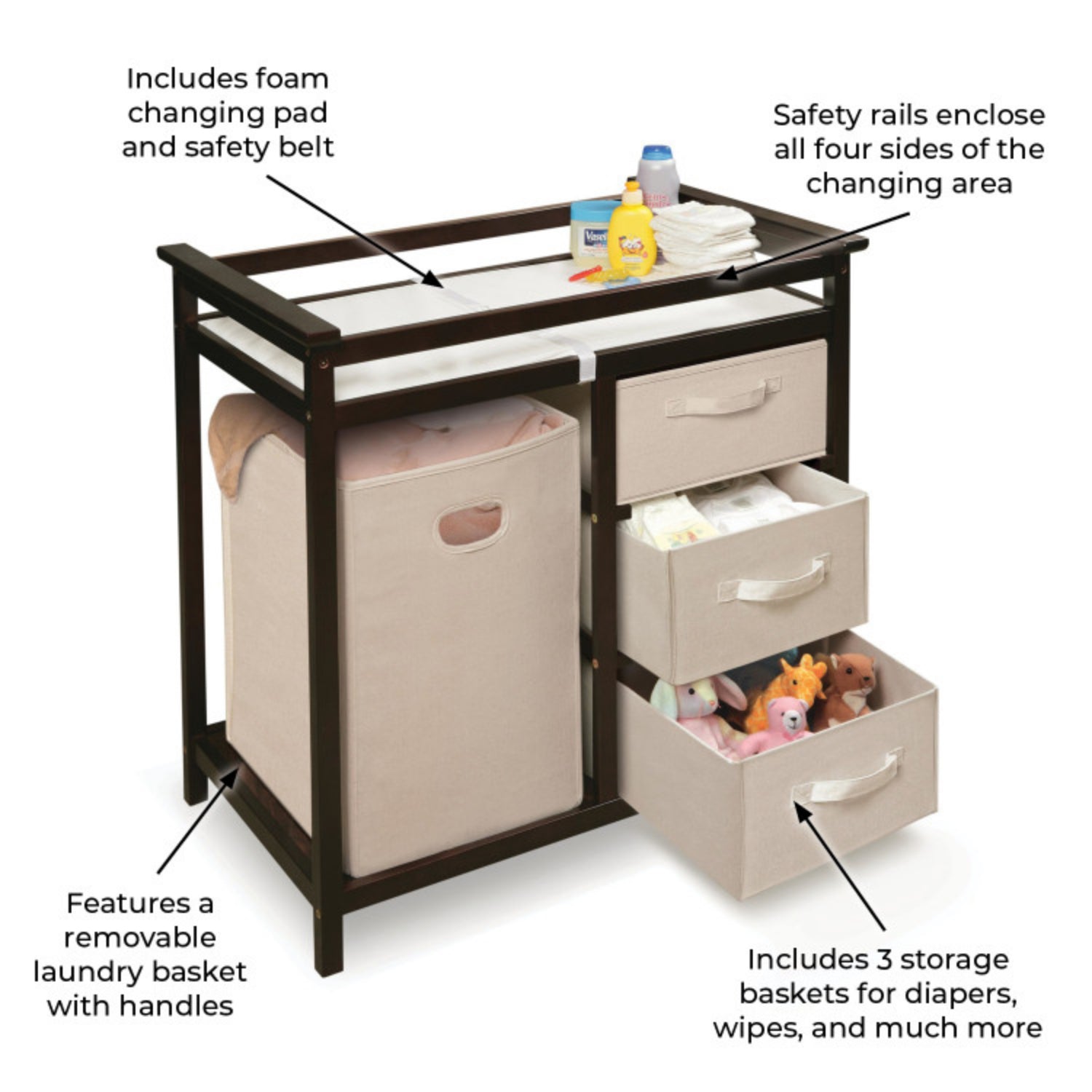 Badger Basket Modern Baby Changing Table with Hamper and 3 Baskets – Espresso